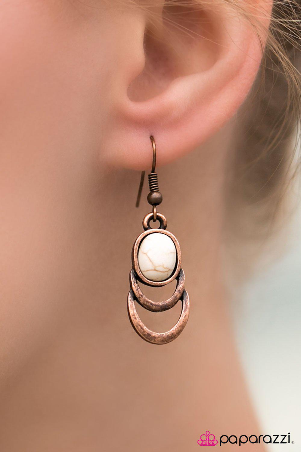 Break New Ground Copper and White Stone Earrings - Paparazzi Accessories- on model - CarasShop.com - Paparazzi Jewelry by Cara Jewels