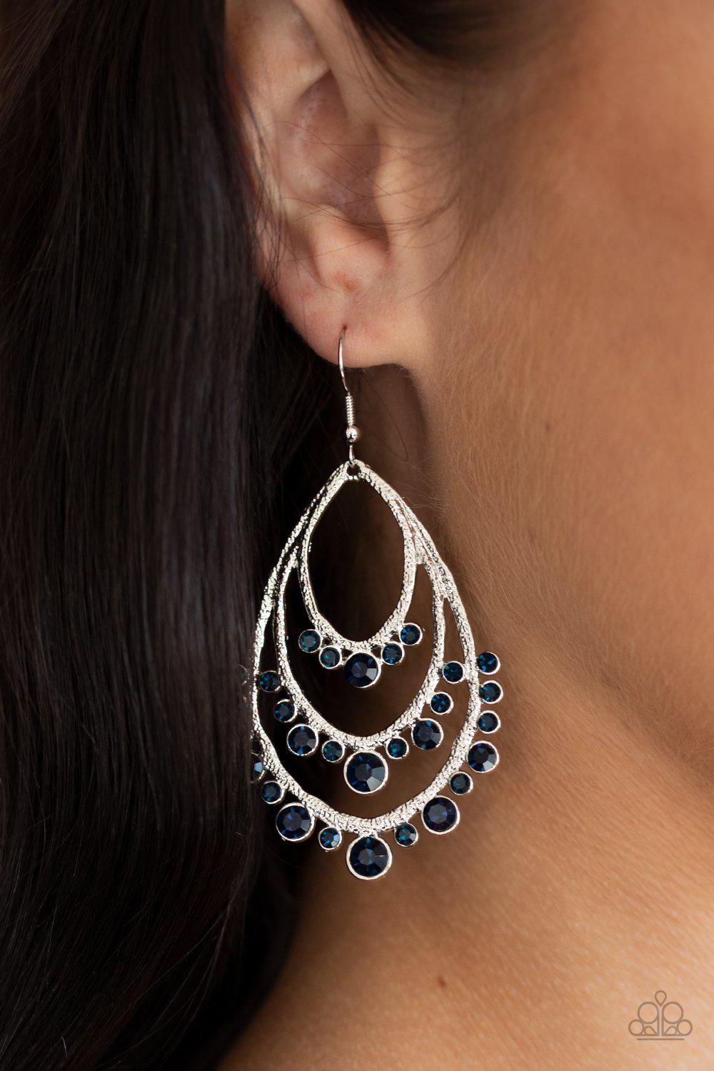 Break Out In TIERS Blue Rhinestone Teardrop Earrings - Paparazzi Accessories- on model - CarasShop.com - Paparazzi Jewelry by Cara Jewels