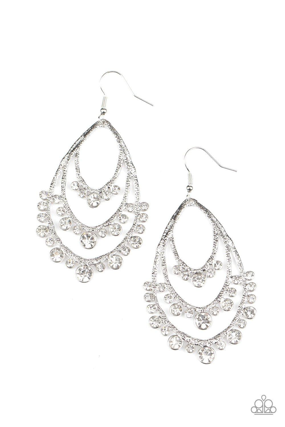 Break Out In TIERS White Rhinestone Teardrop Earrings - Paparazzi Accessories- lightbox - CarasShop.com - Paparazzi Jewelry by Cara Jewels
