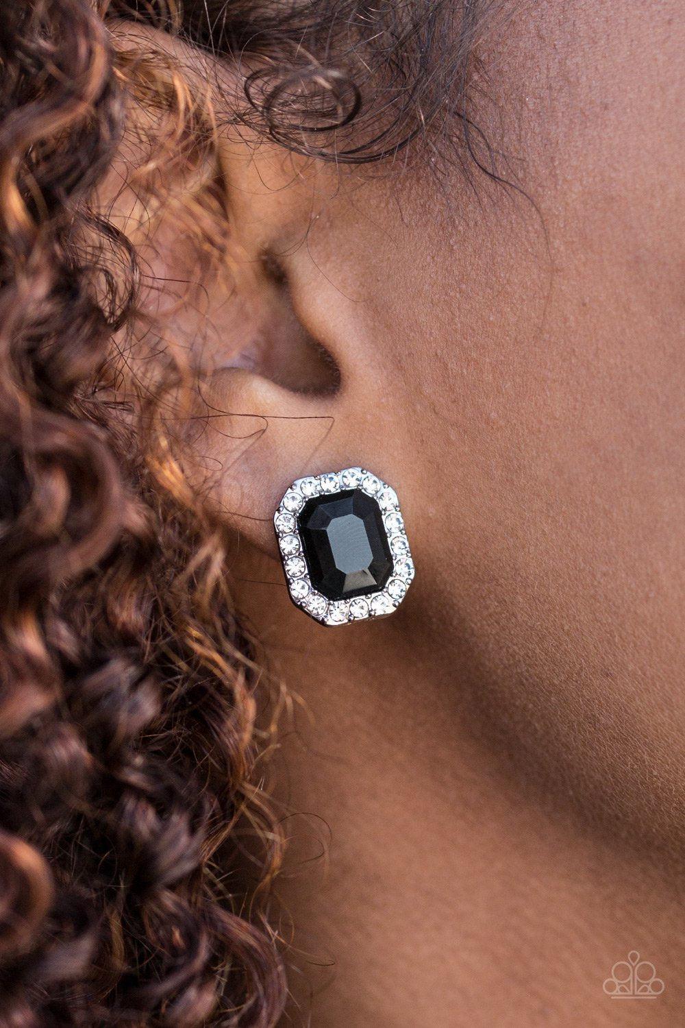 Bride Squad Black and White Rhinestone Post Earrings - Paparazzi Accessories- on model - CarasShop.com - Paparazzi Jewelry by Cara Jewels