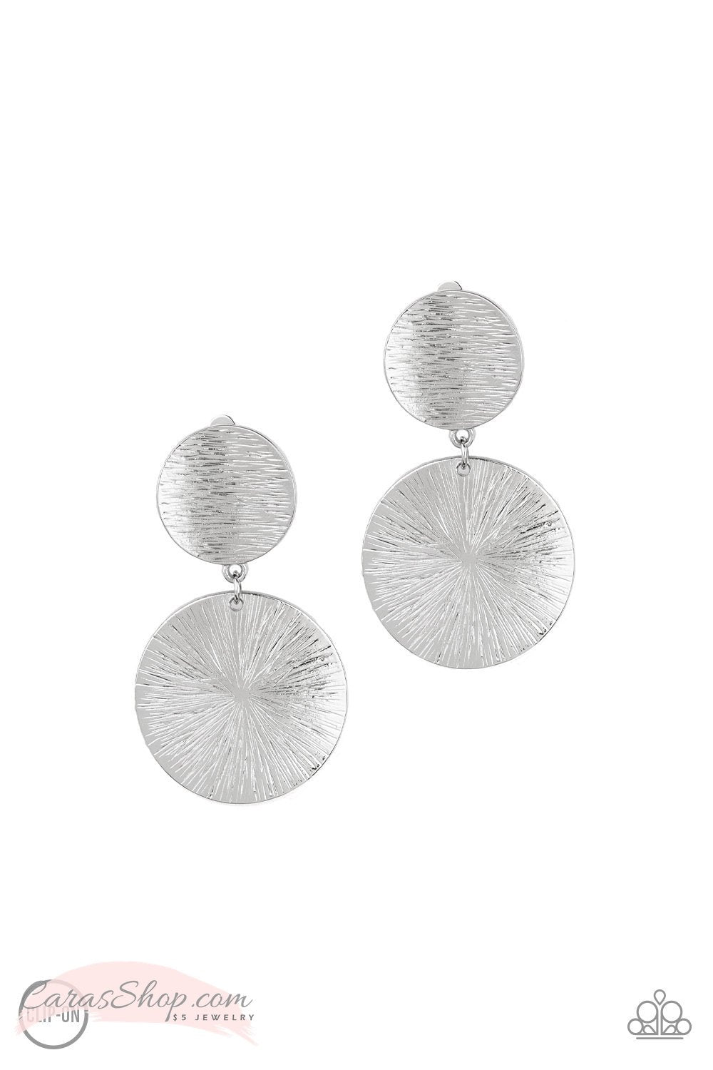 BRIGHT On Cue Silver Clip-On Earrings - Paparazzi Accessories- lightbox - CarasShop.com - Paparazzi Jewelry by Cara Jewels