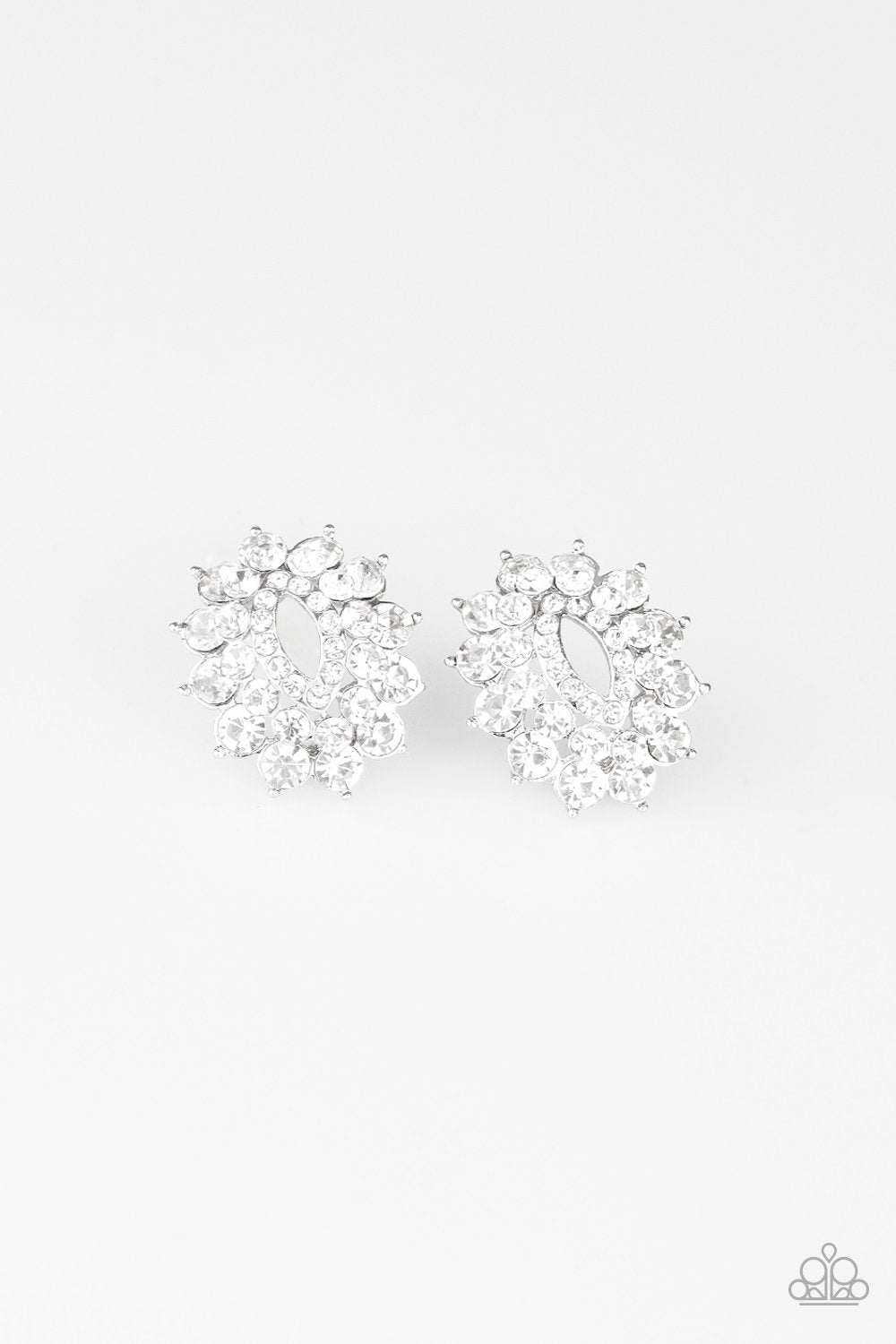 Brighten The Moment White Rhinestone Post Earrings - Paparazzi Accessories- lightbox - CarasShop.com - Paparazzi Jewelry by Cara Jewels