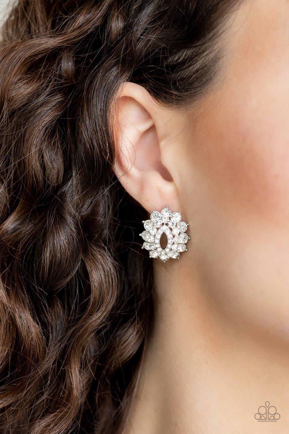 Brighten The Moment White Rhinestone Post Earrings - Paparazzi Accessories- on model - CarasShop.com - Paparazzi Jewelry by Cara Jewels