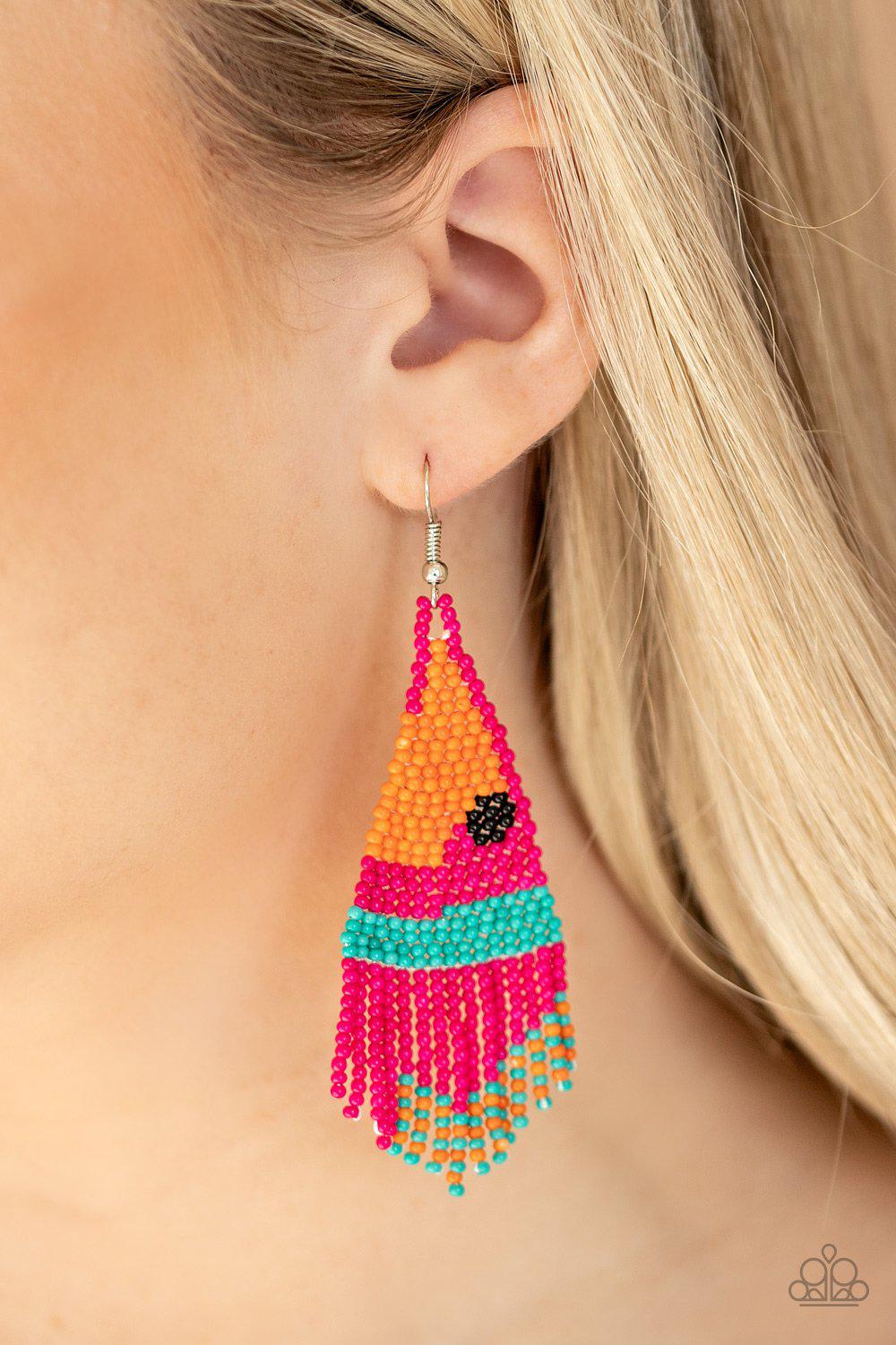 Brightly Beaded Pink Seed Bead Earrings - Paparazzi Accessories- on model - CarasShop.com - Paparazzi Jewelry by Cara Jewels