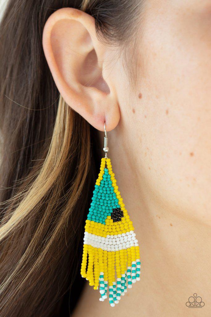 Brightly Beaded Yellow Seed Bead Earrings - Paparazzi Accessories- on model - CarasShop.com - Paparazzi Jewelry by Cara Jewels