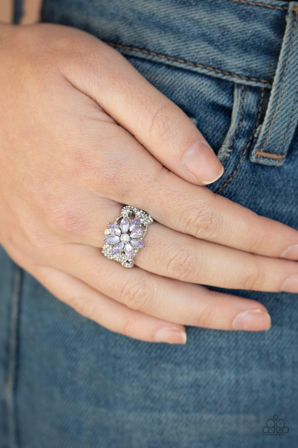 Brilliantly Blooming Purple Rhinestone Flower Ring - Paparazzi Accessories- on model - CarasShop.com - Paparazzi Jewelry by Cara Jewels
