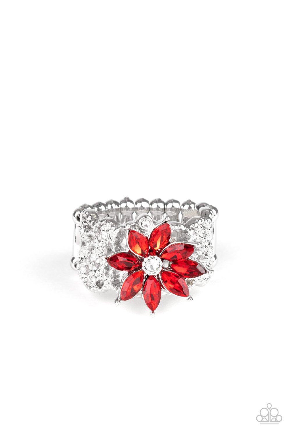 Brilliantly Blooming Red Rhinestone Flower Ring - Paparazzi Accessories- lightbox - CarasShop.com - Paparazzi Jewelry by Cara Jewels