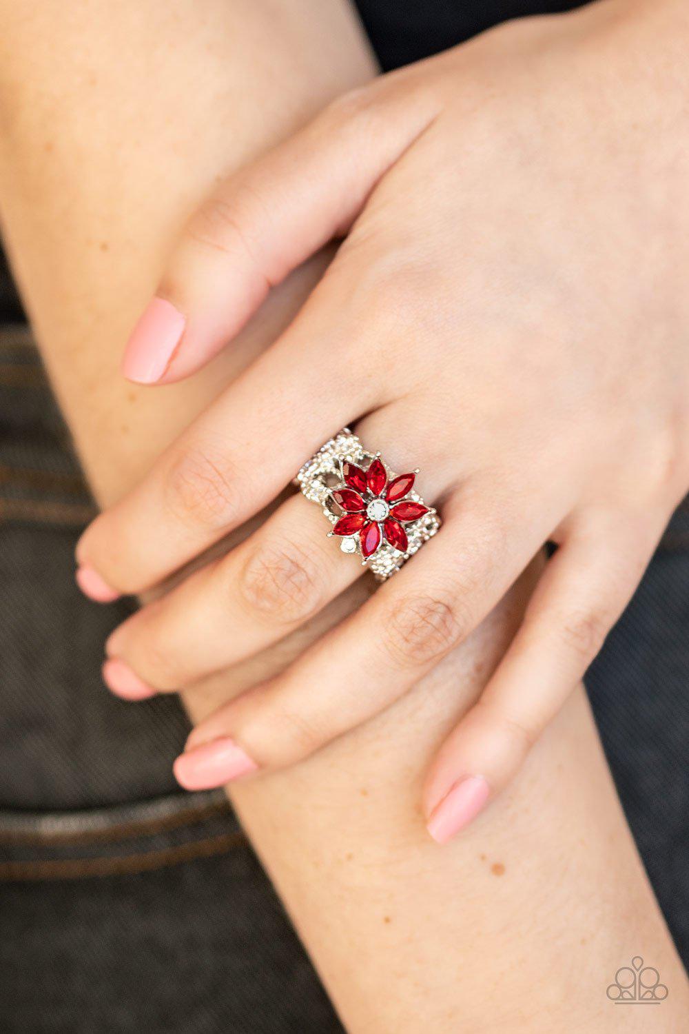 Brilliantly Blooming Red Rhinestone Flower Ring - Paparazzi Accessories- on model - CarasShop.com - Paparazzi Jewelry by Cara Jewels