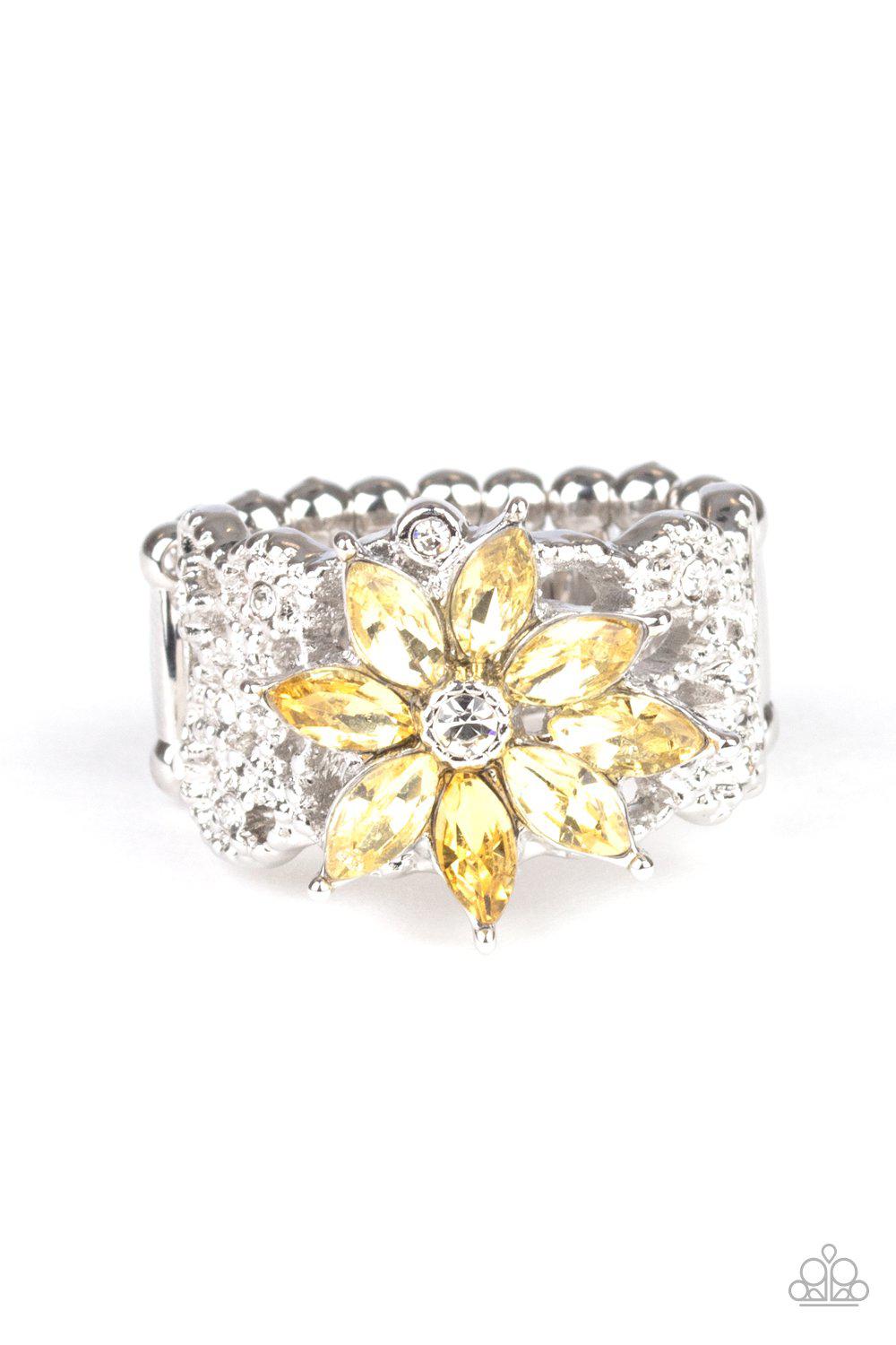 Brilliantly Blooming Yellow Rhinestone Flower Ring - Paparazzi Accessories- lightbox - CarasShop.com - Paparazzi Jewelry by Cara Jewels