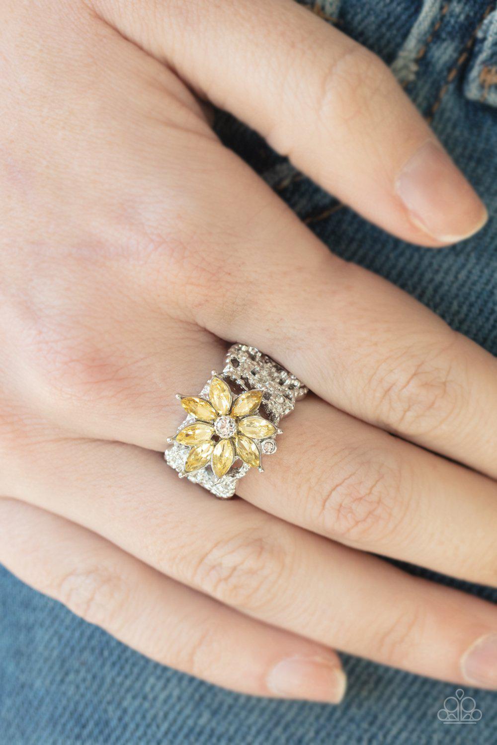 Brilliantly Blooming Yellow Rhinestone Flower Ring - Paparazzi Accessories- on model - CarasShop.com - Paparazzi Jewelry by Cara Jewels
