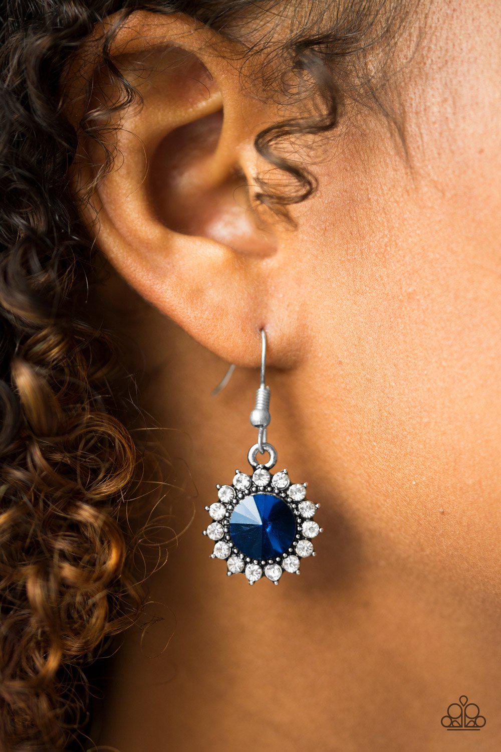 Bring In The Beam Team Sapphire Blue and White Earrings - Paparazzi Accessories- on model - CarasShop.com - Paparazzi Jewelry by Cara Jewels