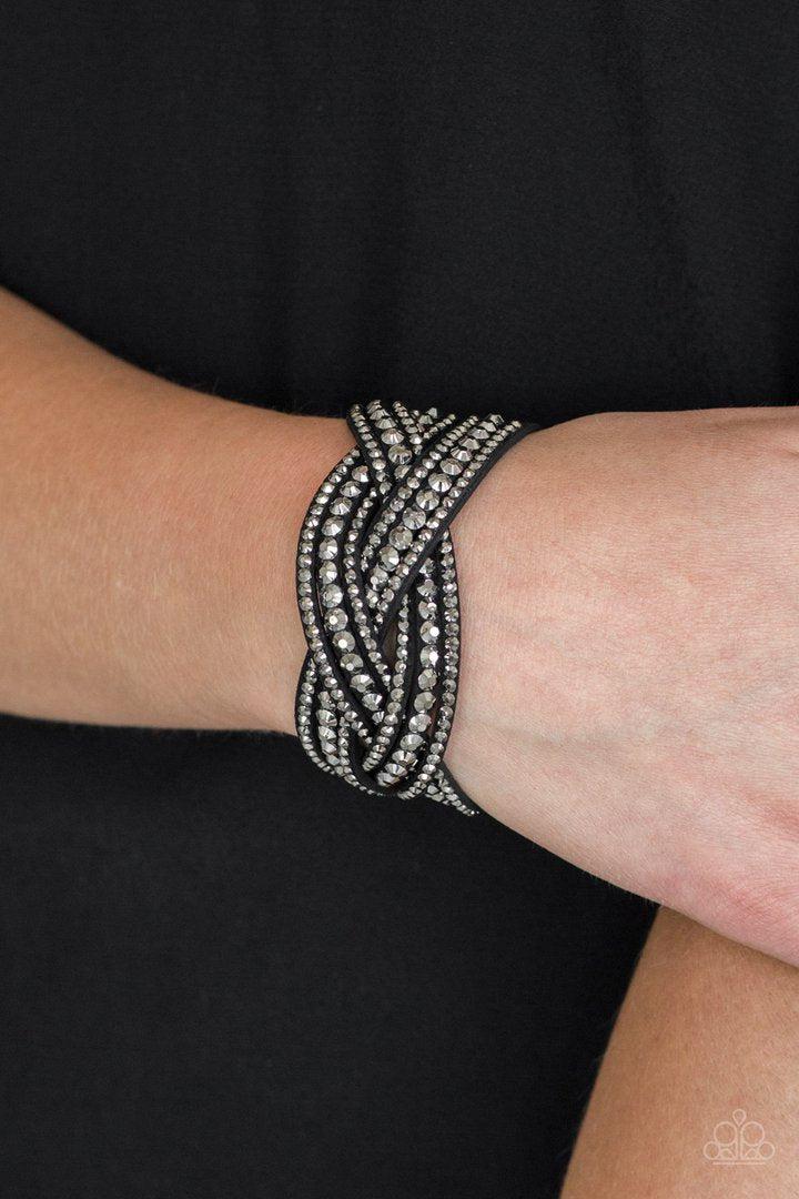 Bring On The Bling Black and Hematite Braided Wrap Snap Bracelet - Paparazzi Accessories- lightbox - CarasShop.com - Paparazzi Jewelry by Cara Jewels
