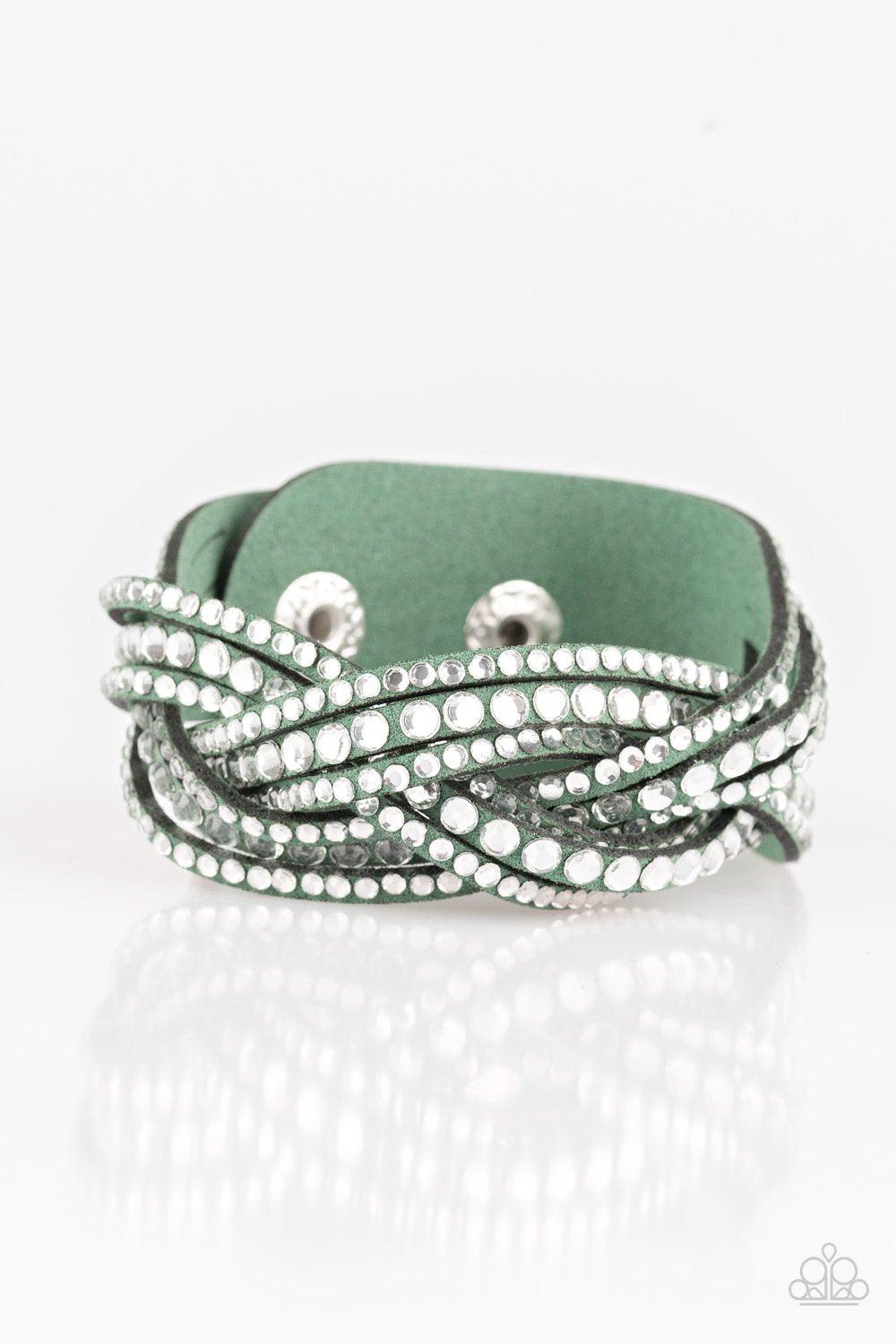 Bring on the Bling Green and White Rhinestone Braided Urban Wrap Snap Bracelet - Paparazzi Accessories- lightbox - CarasShop.com - Paparazzi Jewelry by Cara Jewels