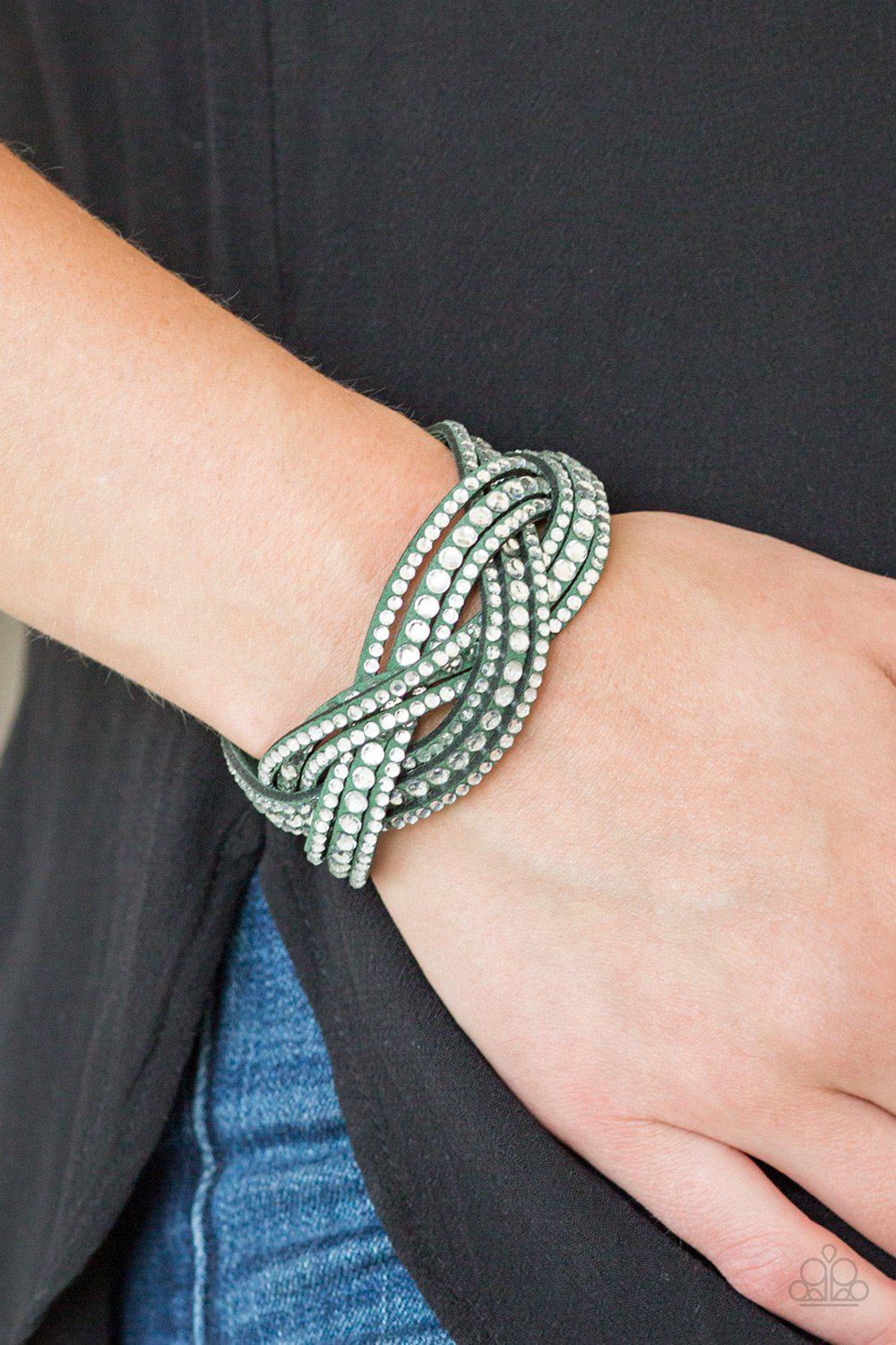 Bring on the Bling Green and White Rhinestone Braided Urban Wrap Snap Bracelet - Paparazzi Accessories- on model - CarasShop.com - Paparazzi Jewelry by Cara Jewels