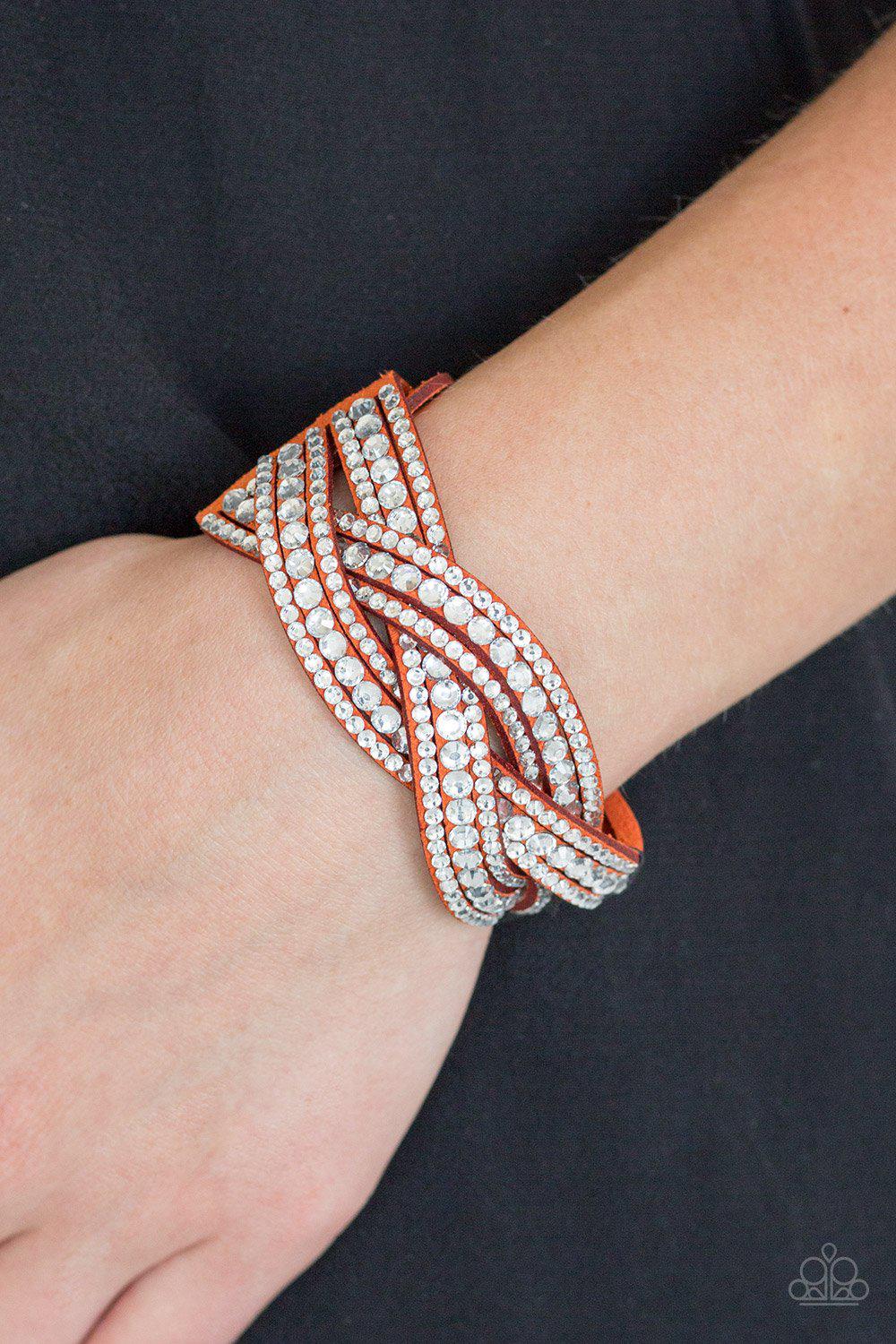 Bring On The Bling Orange Braided Wrap Snap Bracelet- Paparazzi Accessories- lightbox - CarasShop.com - Paparazzi Jewelry by Cara Jewels