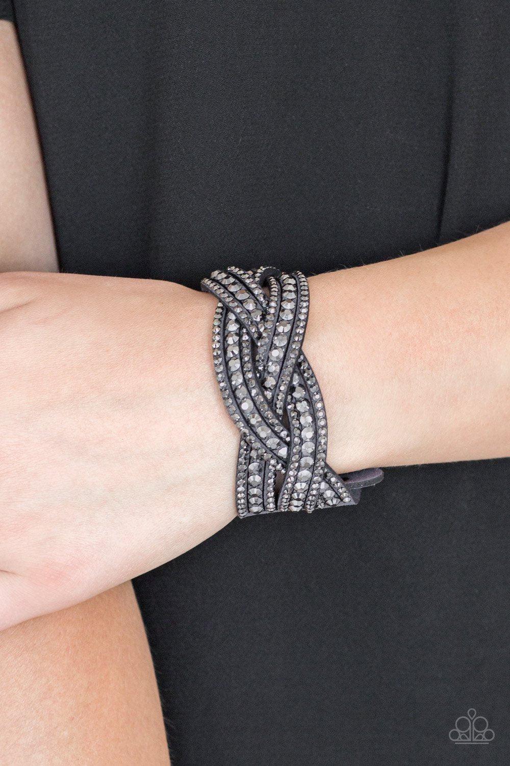 Bring On The Bling Silver Braided Wrap Snap Bracelet - Paparazzi Accessories- on model - CarasShop.com - Paparazzi Jewelry by Cara Jewels