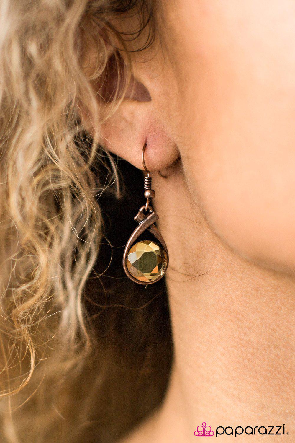 Bring On The Shimmer Copper Rhinestone Earrings - Paparazzi Accessories- on model - CarasShop.com - Paparazzi Jewelry by Cara Jewels