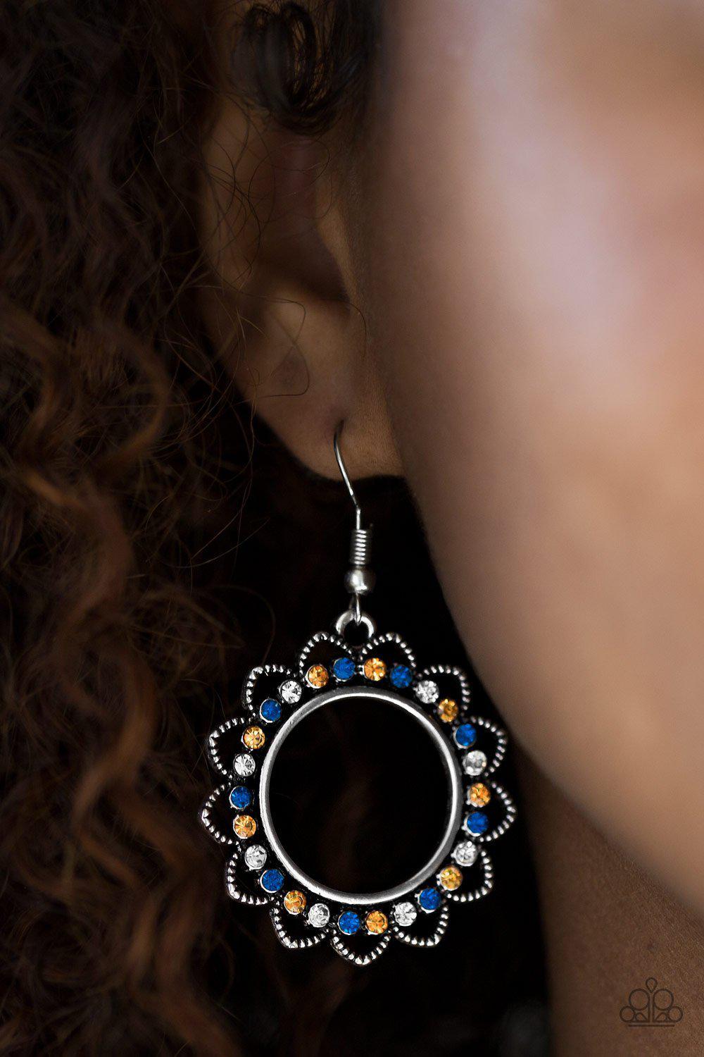 Bring Your Tambourine Multi - Blue and Orange Rhinestone Earrings - Paparazzi Accessories- on model - CarasShop.com - Paparazzi Jewelry by Cara Jewels