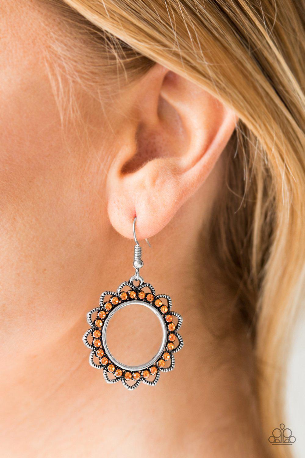 Bring Your Tambourine Orange Earrings - Paparazzi Accessories- on model - CarasShop.com - Paparazzi Jewelry by Cara Jewels