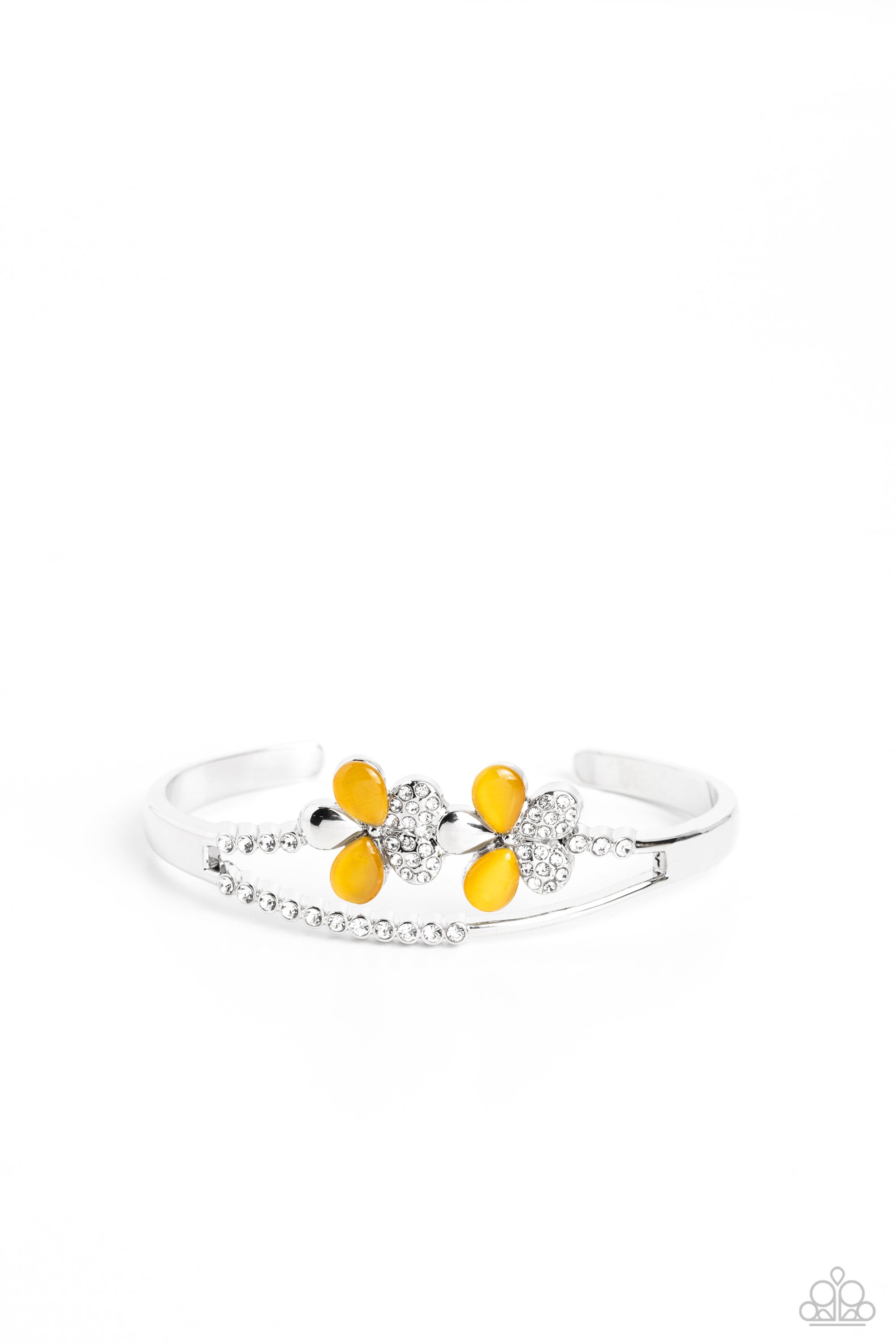 Broadway Stage Yellow Cat's Eye Stone Floral Cuff Bracelet - Paparazzi Accessories- lightbox - CarasShop.com - Paparazzi Jewelry by Cara Jewels