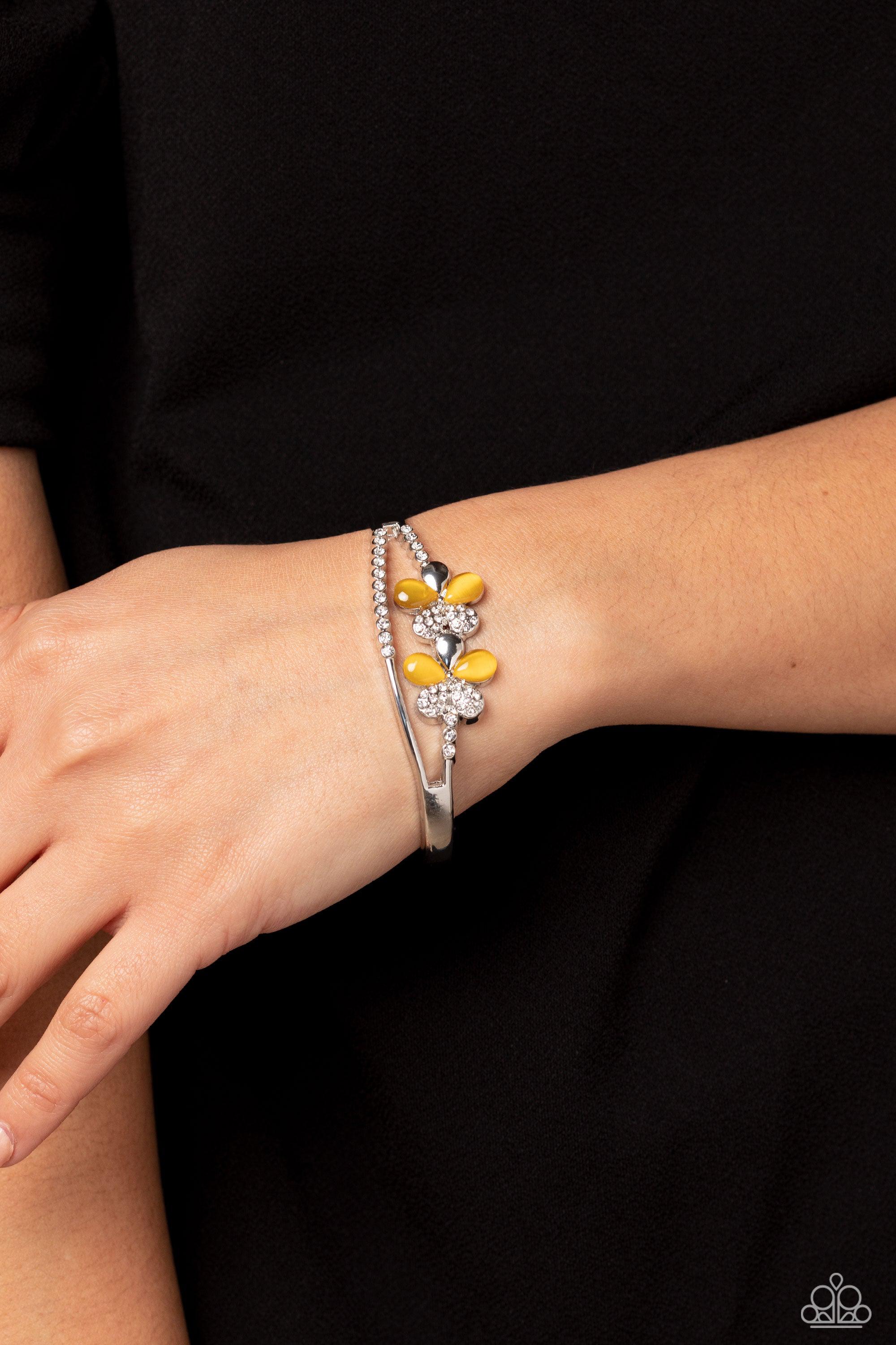 Broadway Stage Yellow Cat's Eye Stone Floral Cuff Bracelet - Paparazzi Accessories- lightbox - CarasShop.com - Paparazzi Jewelry by Cara Jewels