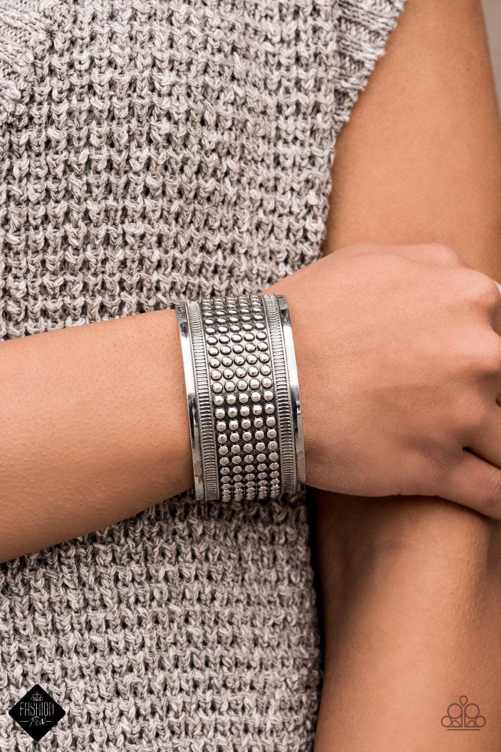Bronco Bust Silver Cuff Bracelet - Paparazzi Accessories- on model - CarasShop.com - Paparazzi Jewelry by Cara Jewels