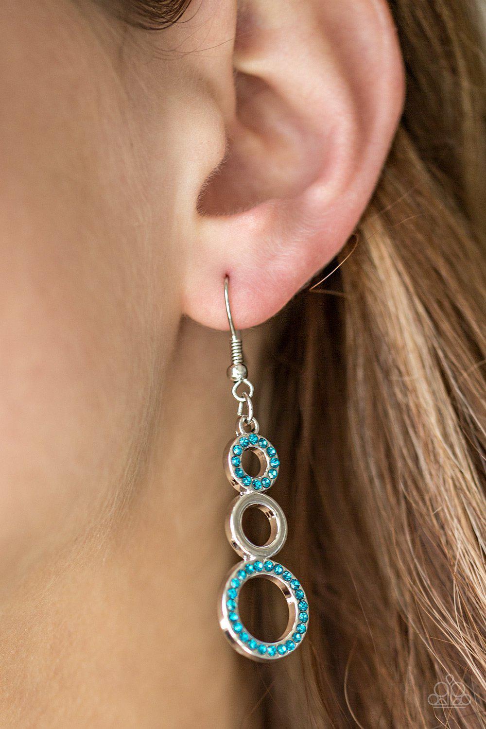 Bubble Bustle Blue Gem Earrings - Paparazzi Accessories- on model - CarasShop.com - Paparazzi Jewelry by Cara Jewels