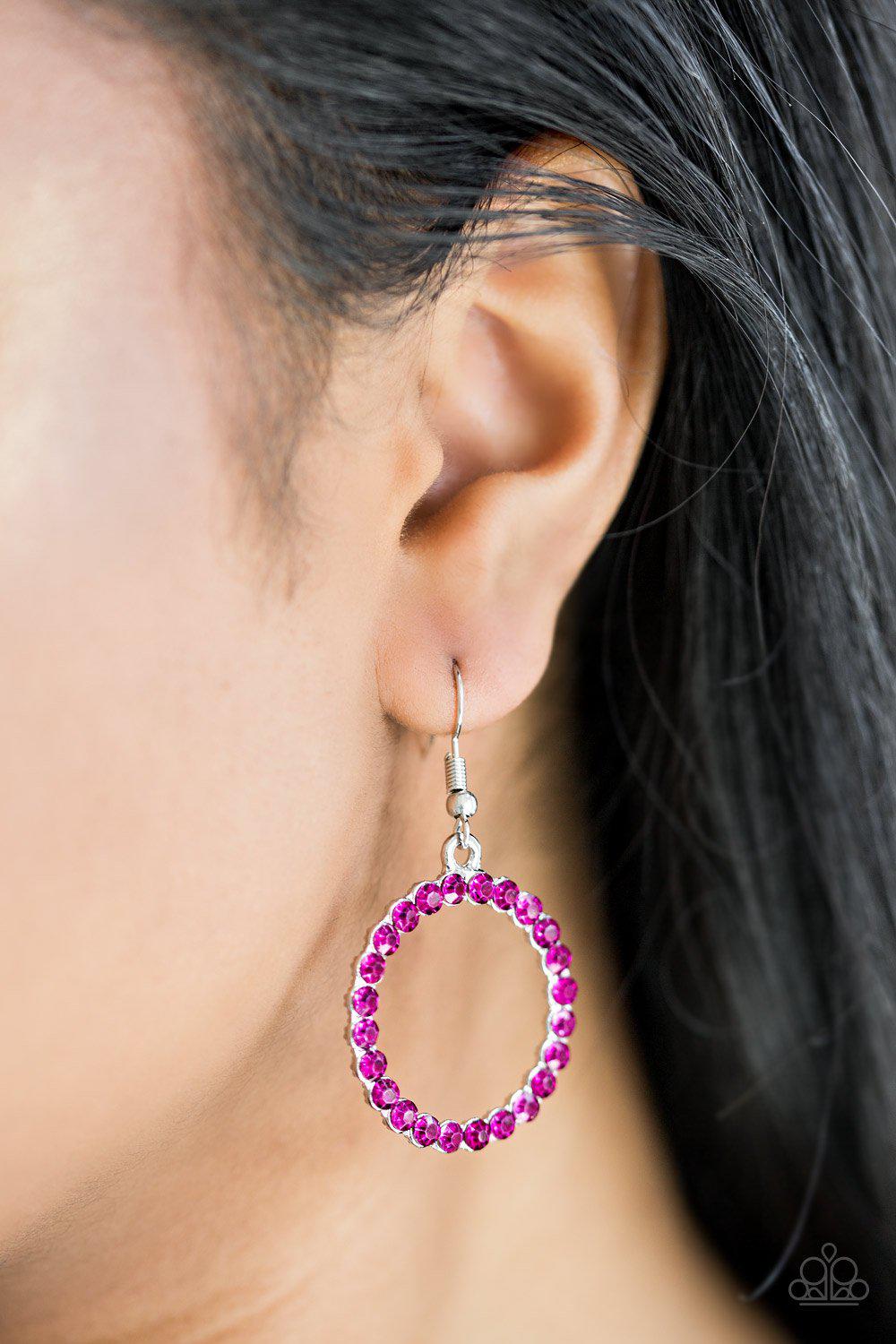 Bubblicious Pink Rhinestone Earrings - Paparazzi Accessories- on model - CarasShop.com - Paparazzi Jewelry by Cara Jewels