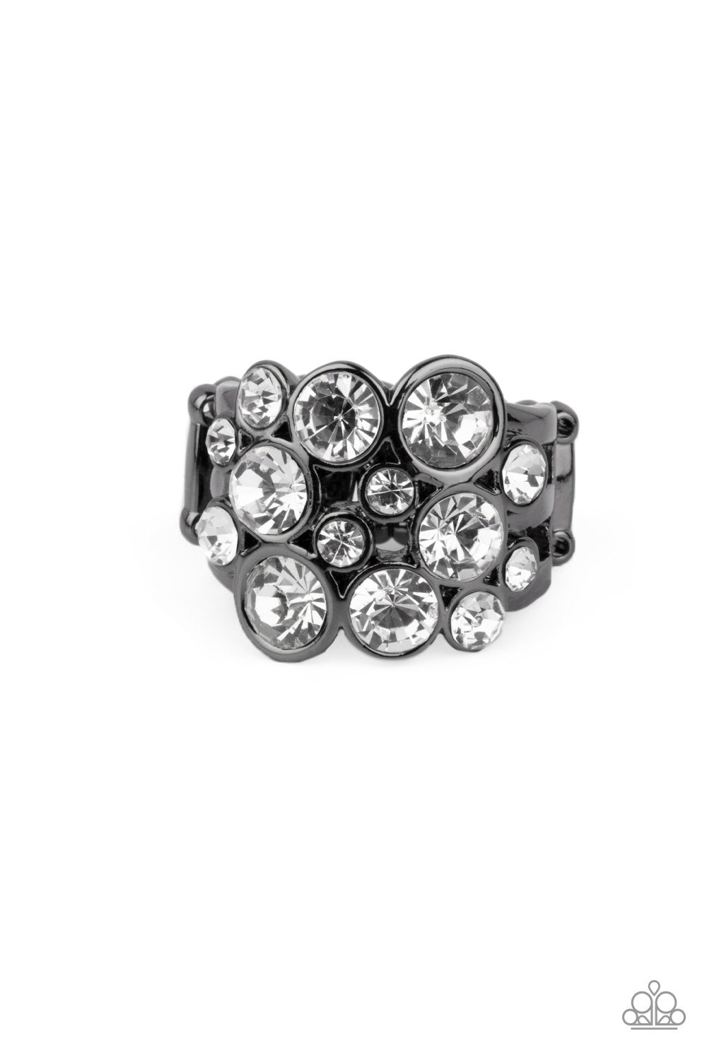 Bubbling Bravado Gunmetal Black and White Rhinestone Ring - Paparazzi Accessories- lightbox - CarasShop.com - Paparazzi Jewelry by Cara Jewels