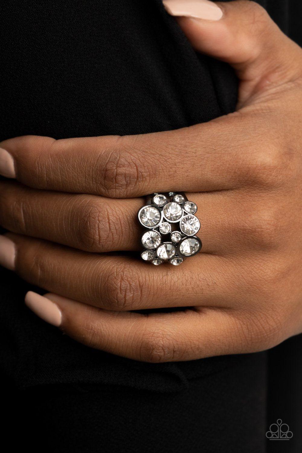 Bubbling Bravado Gunmetal Black and White Rhinestone Ring - Paparazzi Accessories- on model - CarasShop.com - Paparazzi Jewelry by Cara Jewels