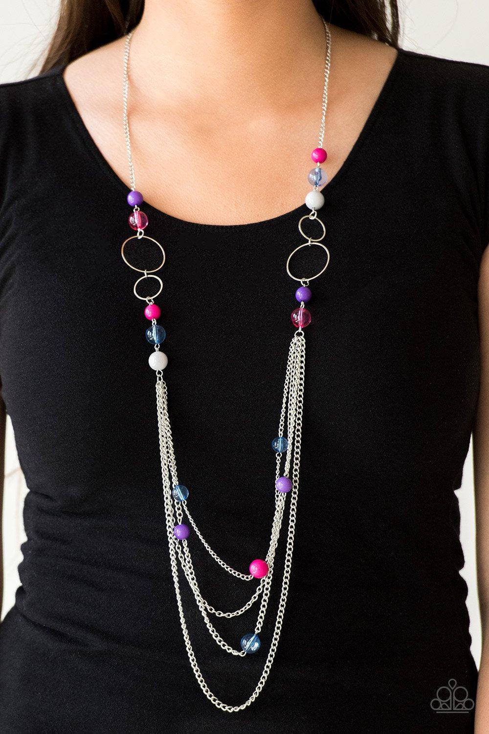 Bubbly Bright Multi Pink, Purple, Blue and Silver Necklace - Paparazzi Accessories- on model - CarasShop.com - Paparazzi Jewelry by Cara Jewels