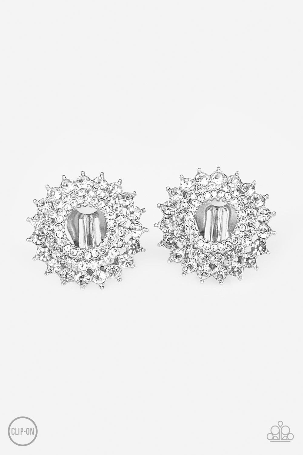 Buckingham Beauty White Rhinestone Clip-on Earrings - Paparazzi Accessories- lightbox - CarasShop.com - Paparazzi Jewelry by Cara Jewels