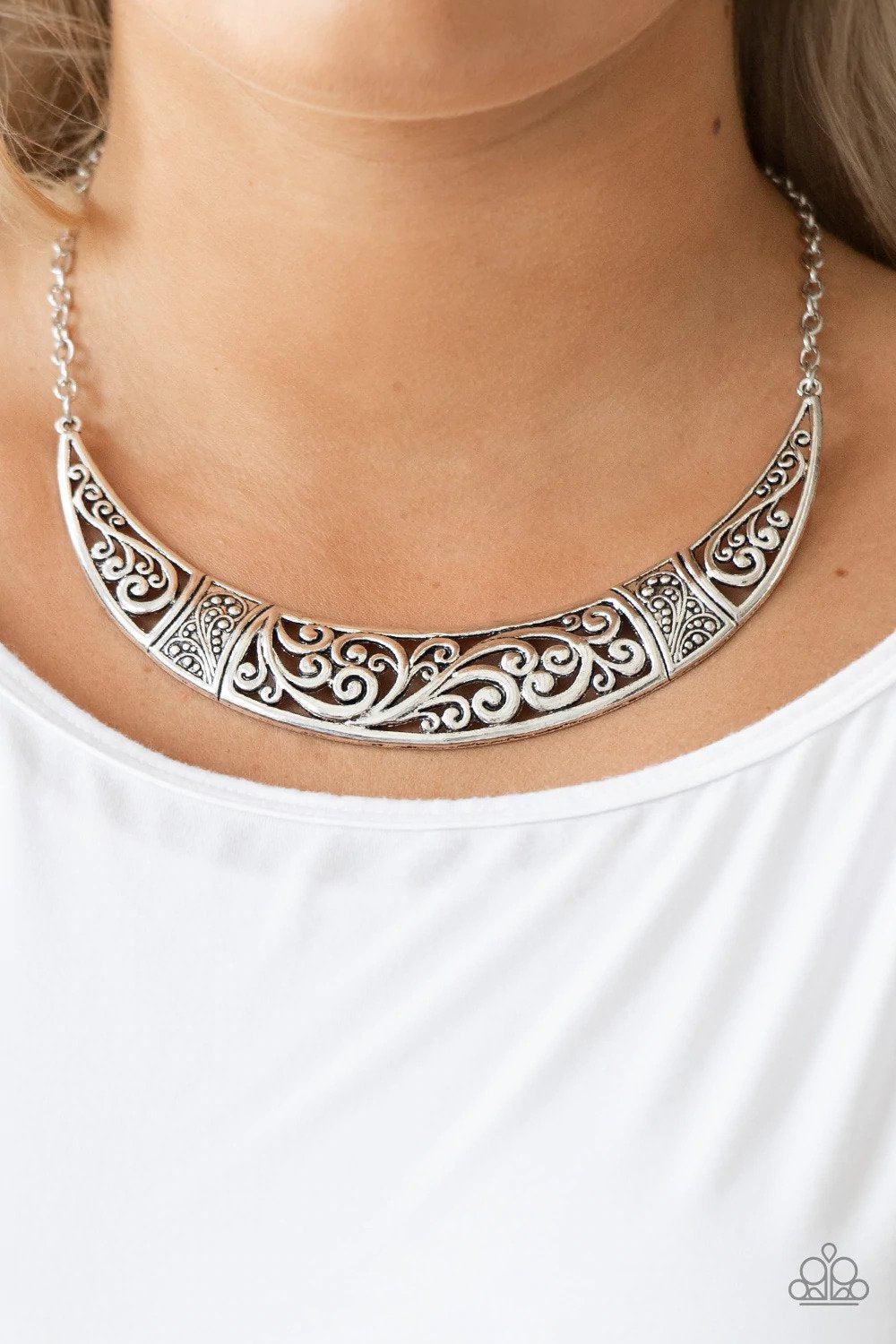 Bull In A China Shop Silver Necklace - Paparazzi Accessories- on model - CarasShop.com - Paparazzi Jewelry by Cara Jewels