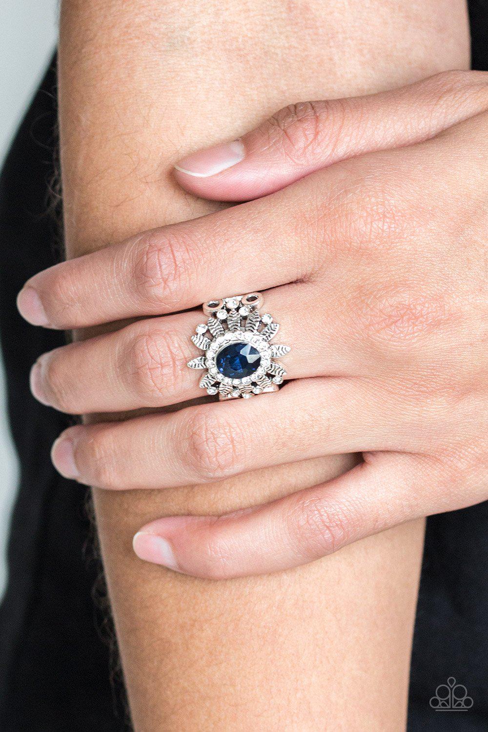 Burn Bright Blue and White Rhinestone Ring - Paparazzi Accessories- lightbox - CarasShop.com - Paparazzi Jewelry by Cara Jewels