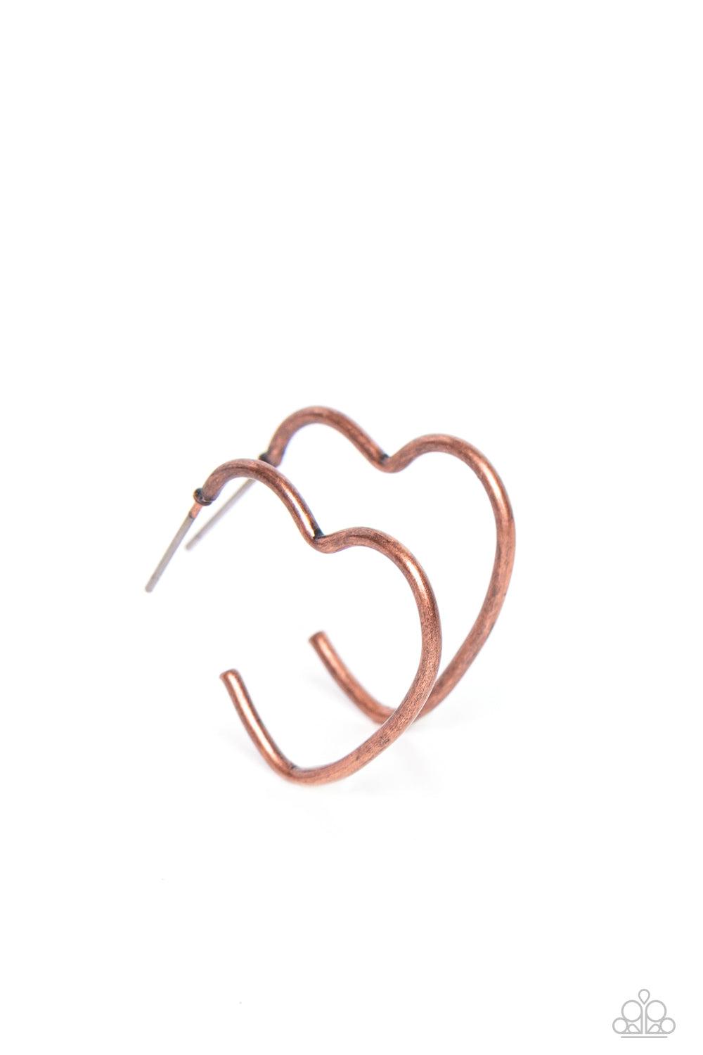 Burnished Beau Copper Heart Hoop Earrings - Paparazzi Accessories- lightbox - CarasShop.com - Paparazzi Jewelry by Cara Jewels