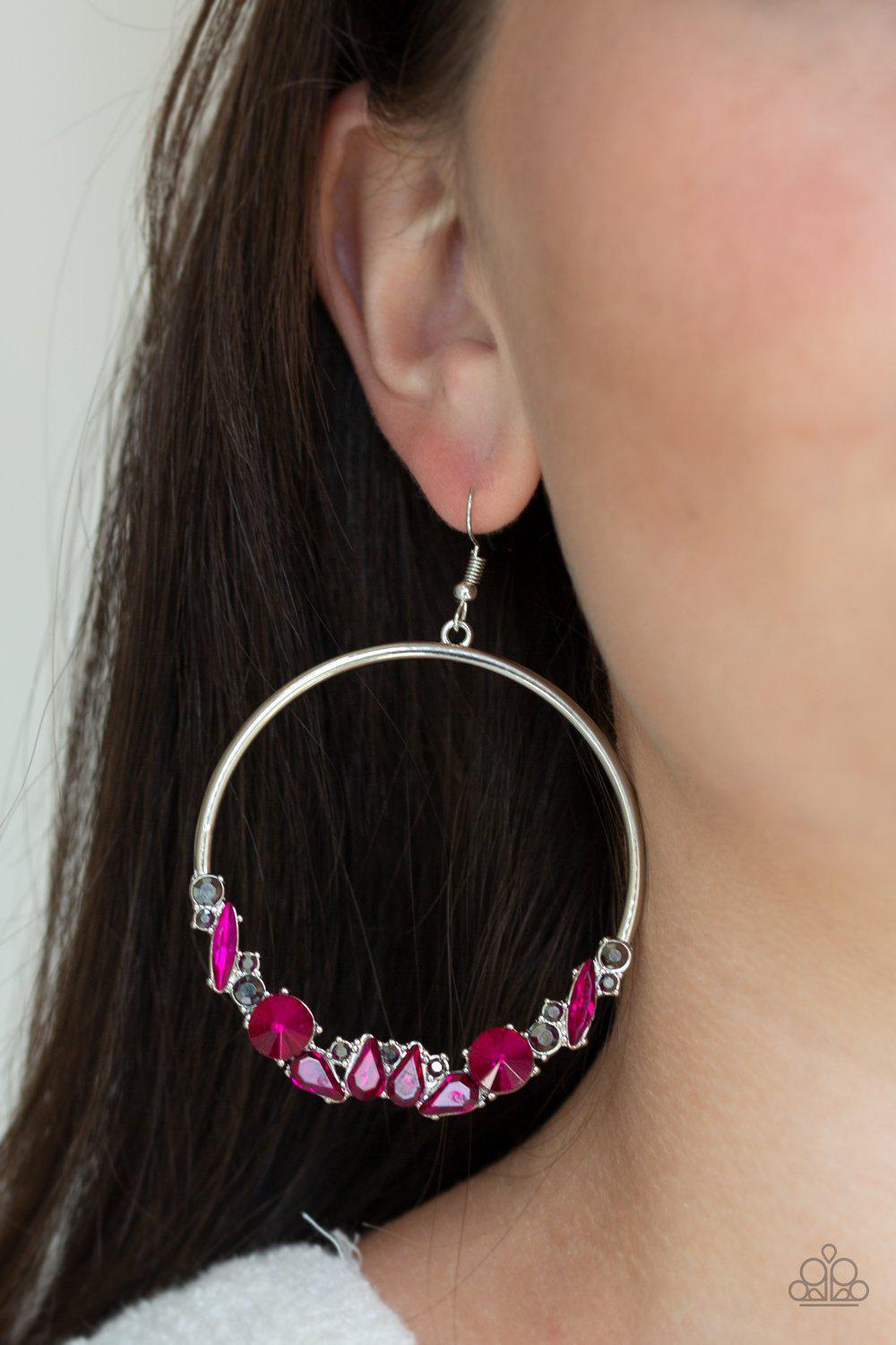 Business Casual Pink and Hematite Rhinestone Earrings - Paparazzi Accessories- on model - CarasShop.com - Paparazzi Jewelry by Cara Jewels