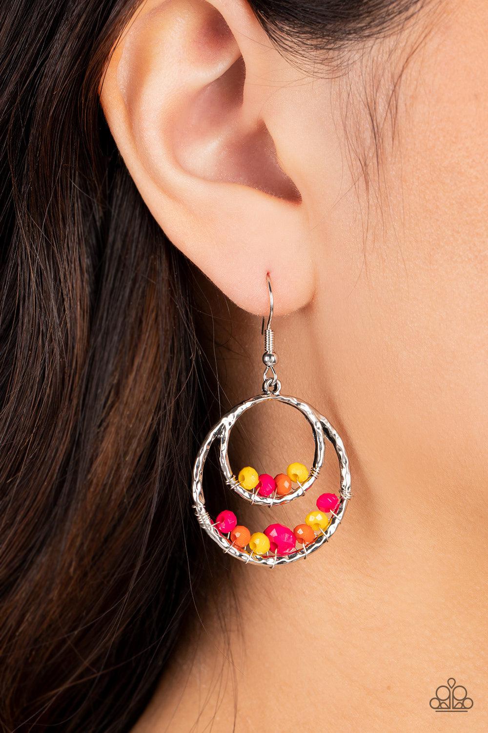 Bustling Beads Multi Pink & Yellow Earrings - Paparazzi Accessories- on model - CarasShop.com - Paparazzi Jewelry by Cara Jewels
