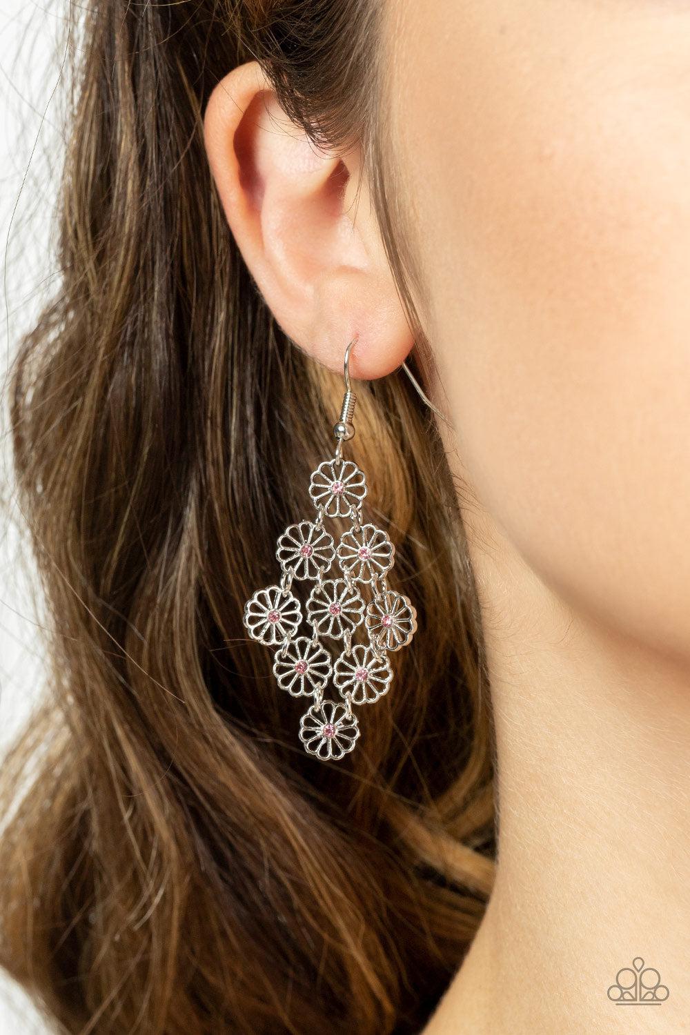 Bustling Blooms Pink Flower Earrings - Paparazzi Accessories- on model - CarasShop.com - Paparazzi Jewelry by Cara Jewels