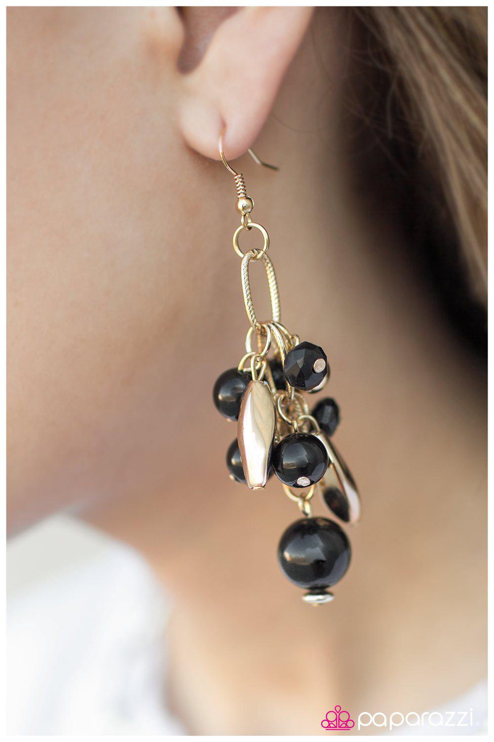 BusyBody Black and Gold Earrings - Paparazzi Accessories- on model - CarasShop.com - Paparazzi Jewelry by Cara Jewels