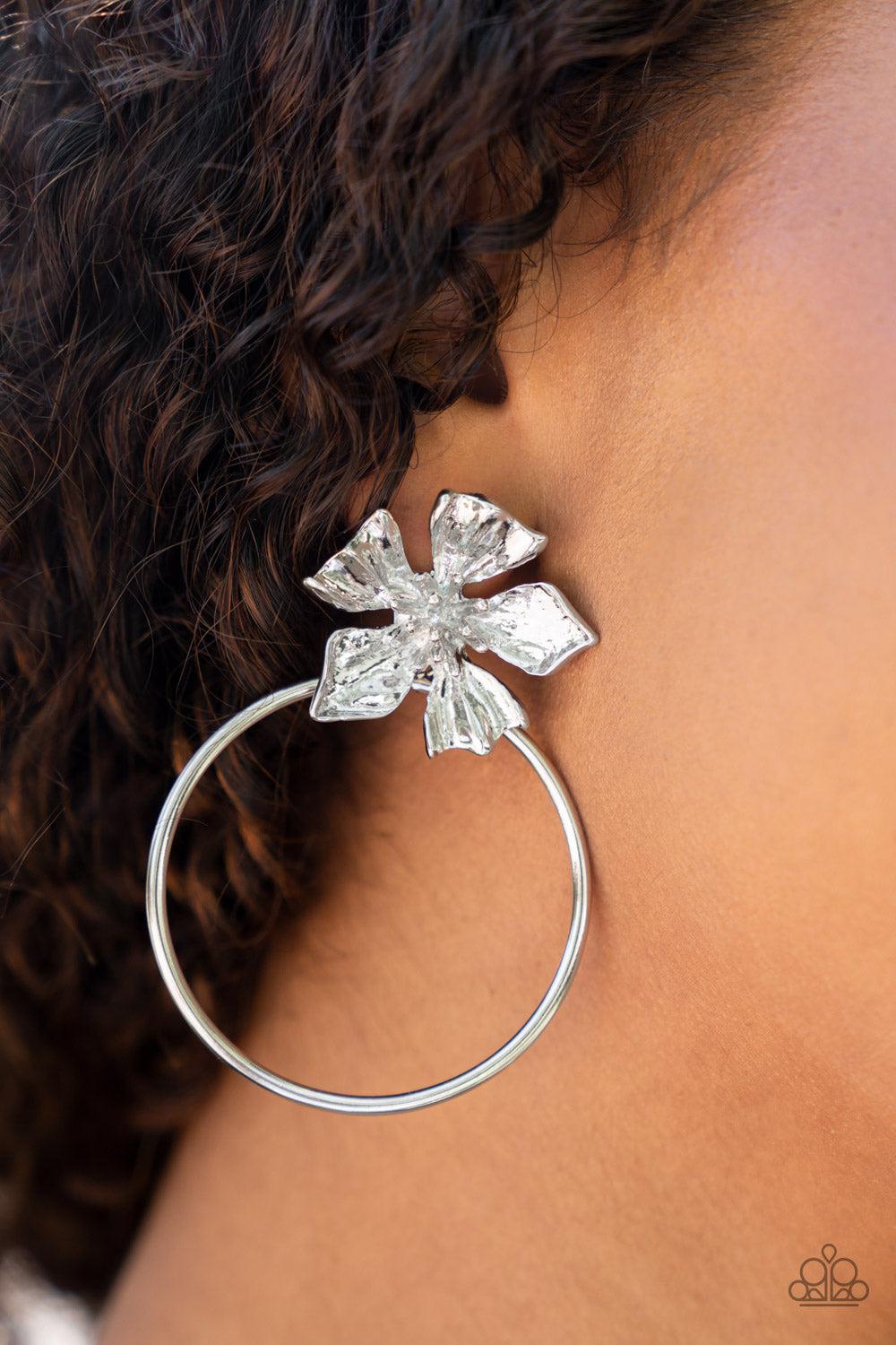 Buttercup Bliss Silver Flower Post Earrings - Paparazzi Accessories- on model - CarasShop.com - Paparazzi Jewelry by Cara Jewels