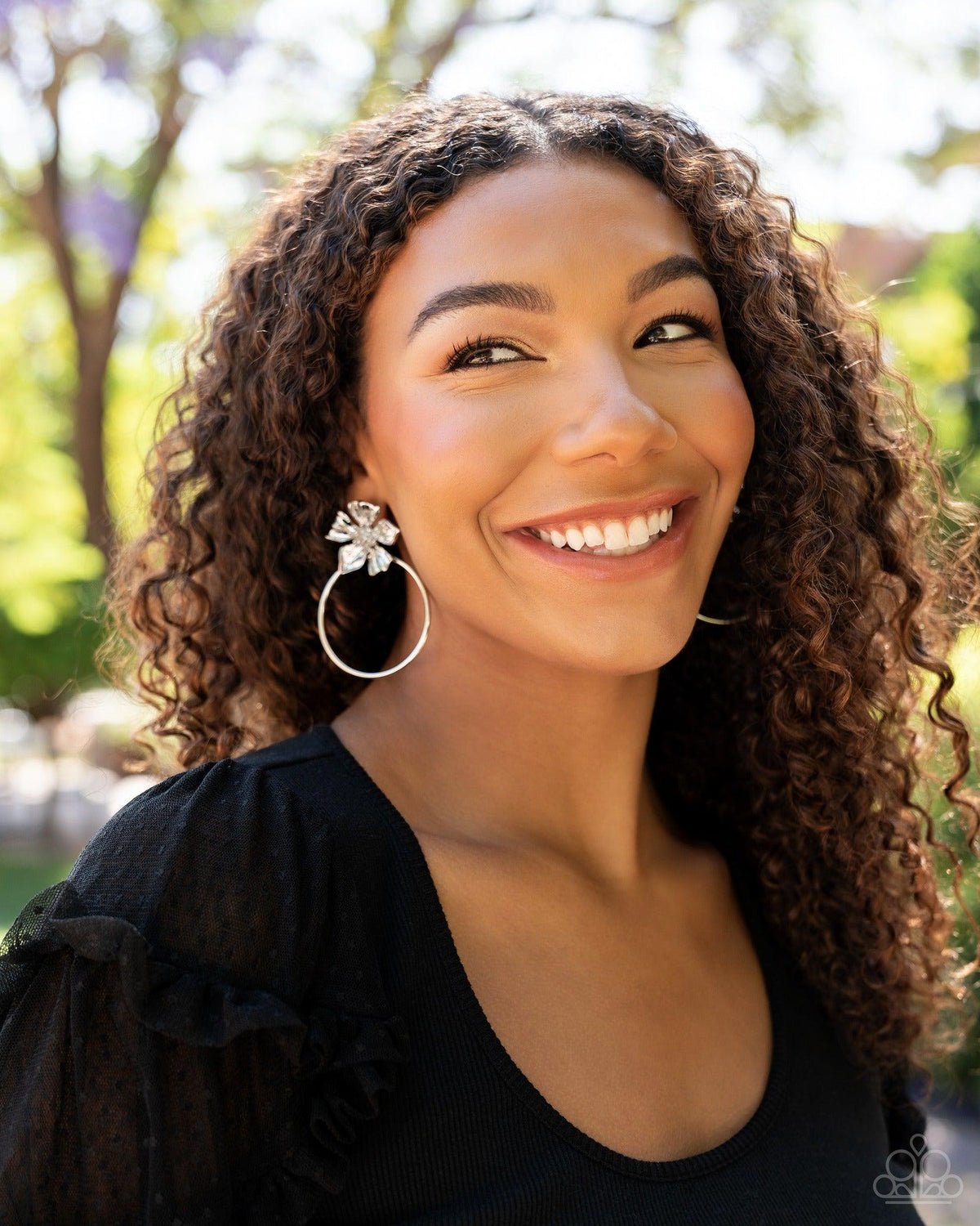 Buttercup Bliss Silver Flower Post Earrings - Paparazzi Accessories-stylized on model - CarasShop.com - Paparazzi Jewelry by Cara Jewels