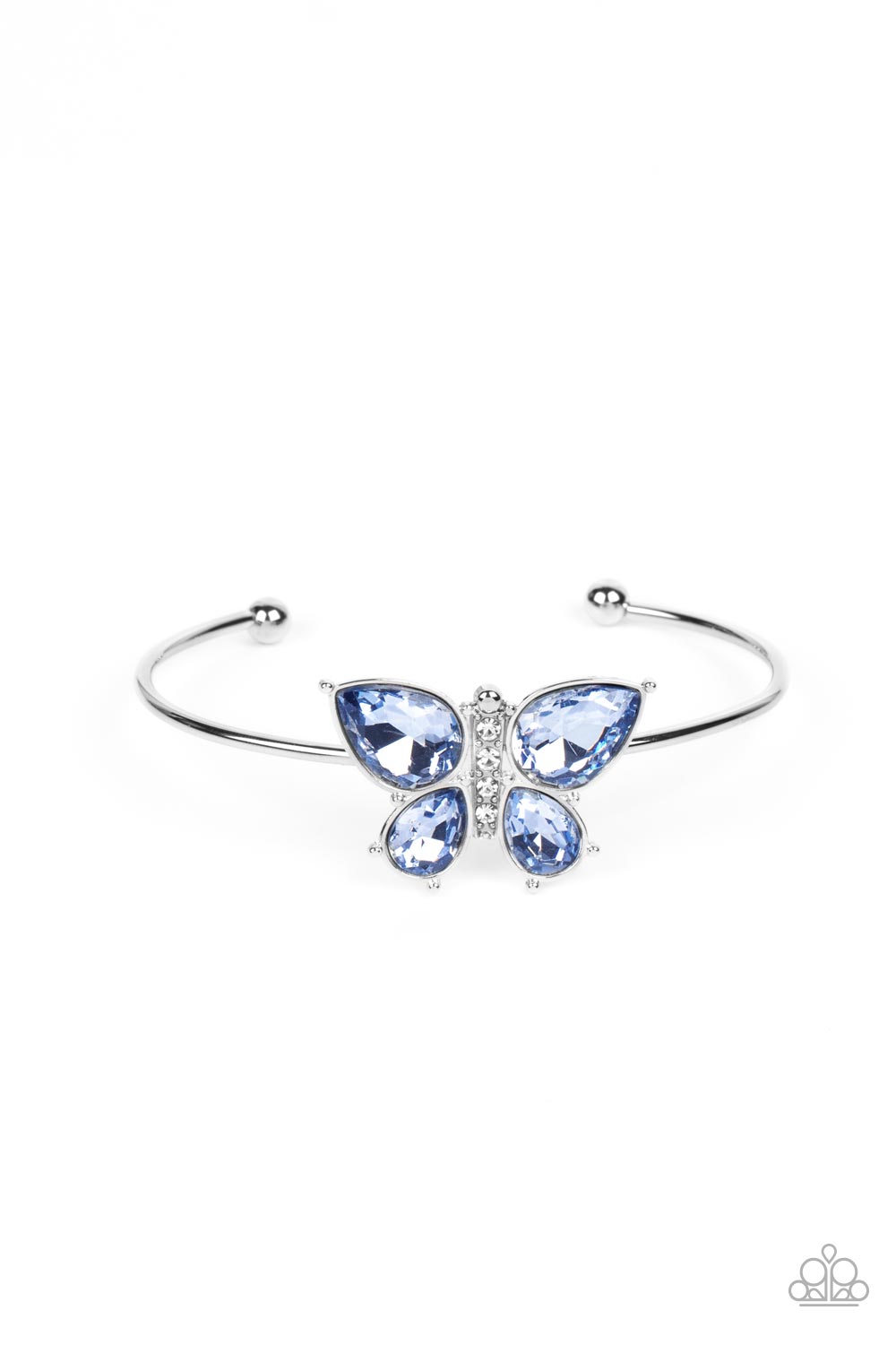 Butterfly Beatitude Blue Rhinestone Butterfly Cuff Bracelet - Paparazzi Accessories- lightbox - CarasShop.com - Paparazzi Jewelry by Cara Jewels
