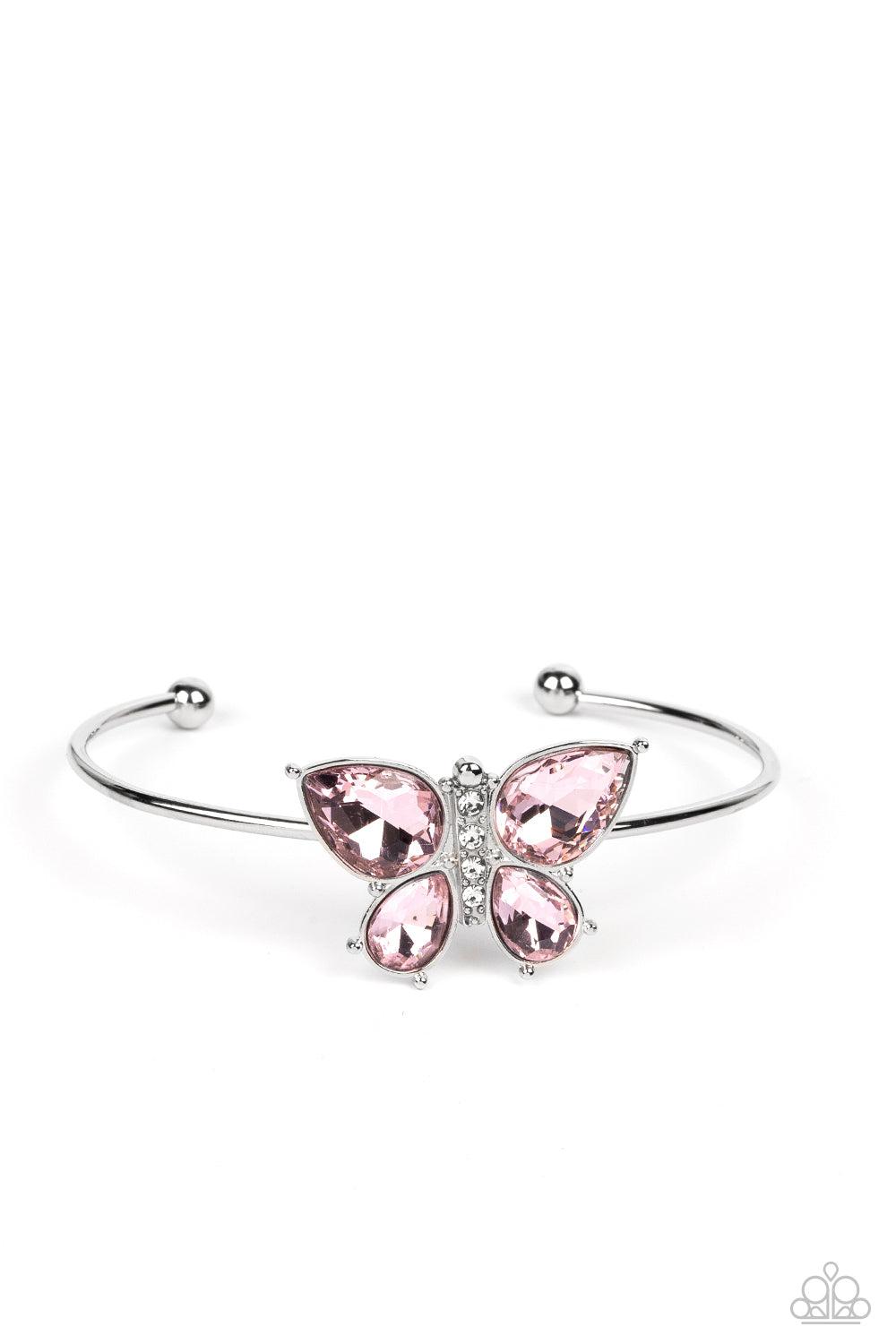 Butterfly Beatitude Pink Rhinestone Butterfly Cuff Bracelet - Paparazzi Accessories- lightbox - CarasShop.com - Paparazzi Jewelry by Cara Jewels