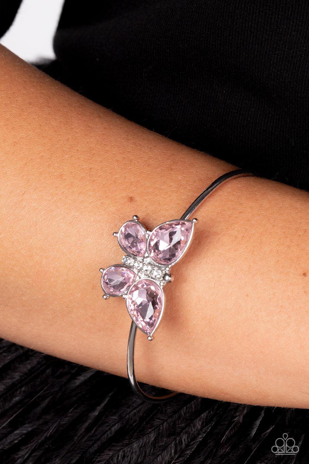 Butterfly Beatitude Pink Rhinestone Butterfly Cuff Bracelet - Paparazzi Accessories- on model - CarasShop.com - Paparazzi Jewelry by Cara Jewels