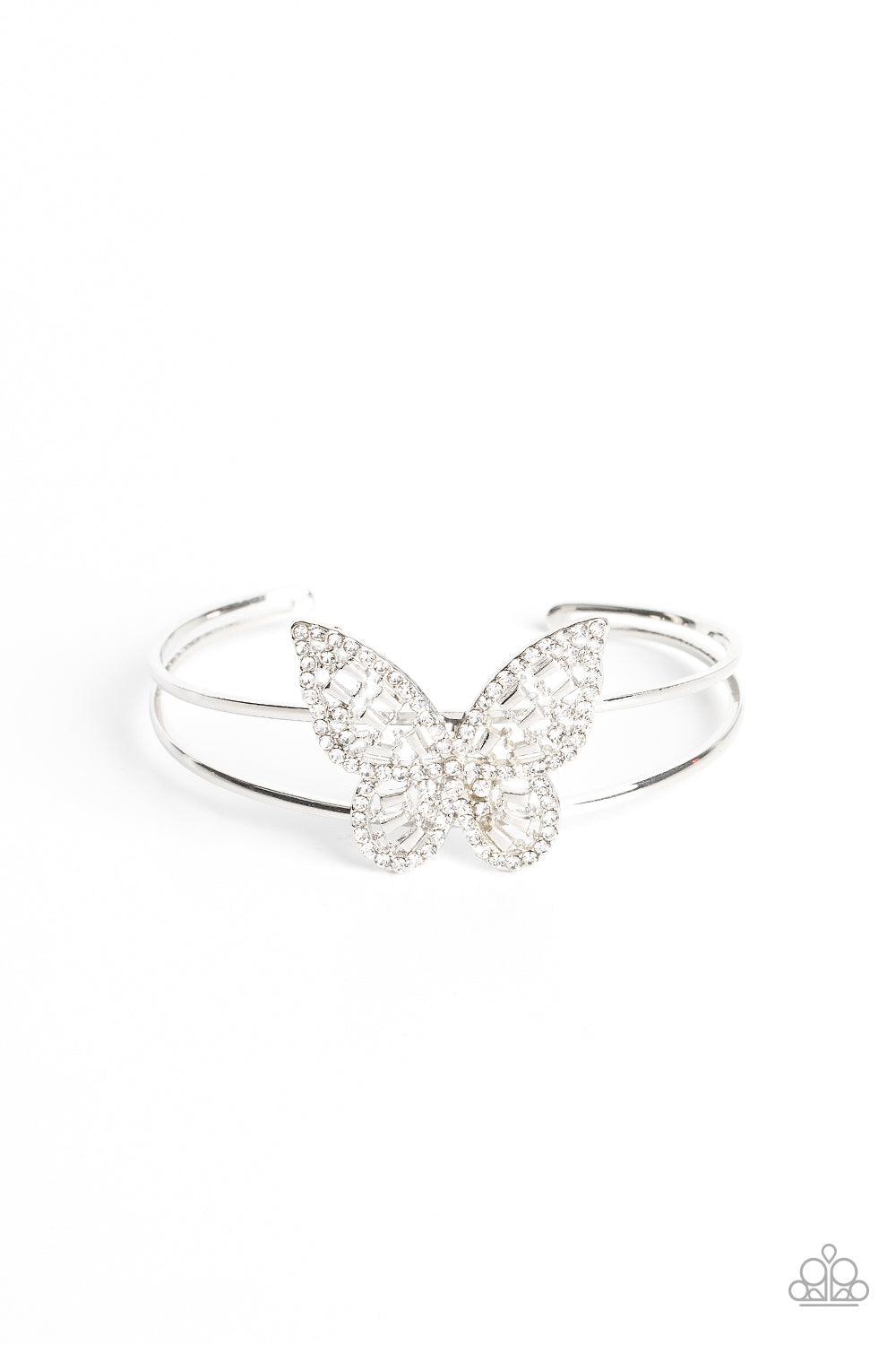 Butterfly Bella White Rhinestone Cuff Bracelet - Paparazzi Accessories- lightbox - CarasShop.com - Paparazzi Jewelry by Cara Jewels