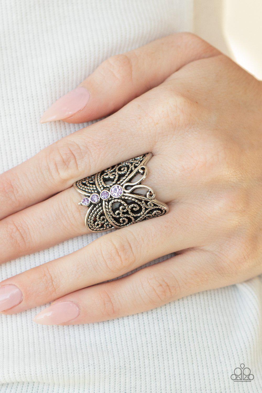 Butterfly Bling Purple Rhinestone Ring - Paparazzi Accessories- on model - CarasShop.com - Paparazzi Jewelry by Cara Jewels