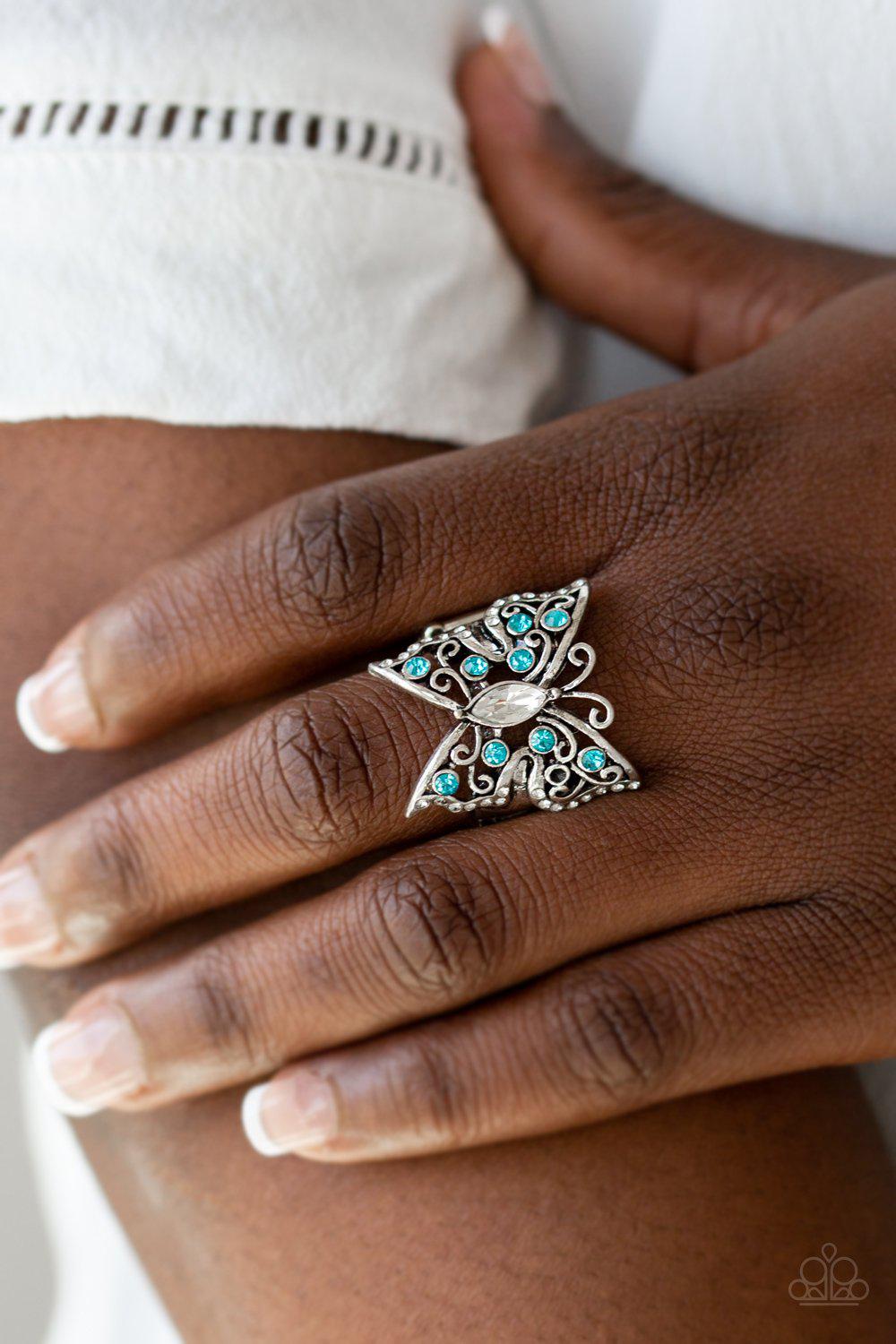 Butterfly Bliss Blue Gem Ring - Paparazzi Accessories- on model - CarasShop.com - Paparazzi Jewelry by Cara Jewels