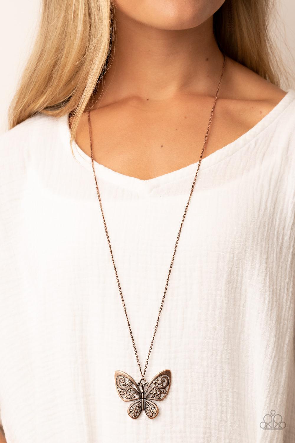 Butterfly Boutique Copper Necklace - Paparazzi Accessories- on model - CarasShop.com - Paparazzi Jewelry by Cara Jewels