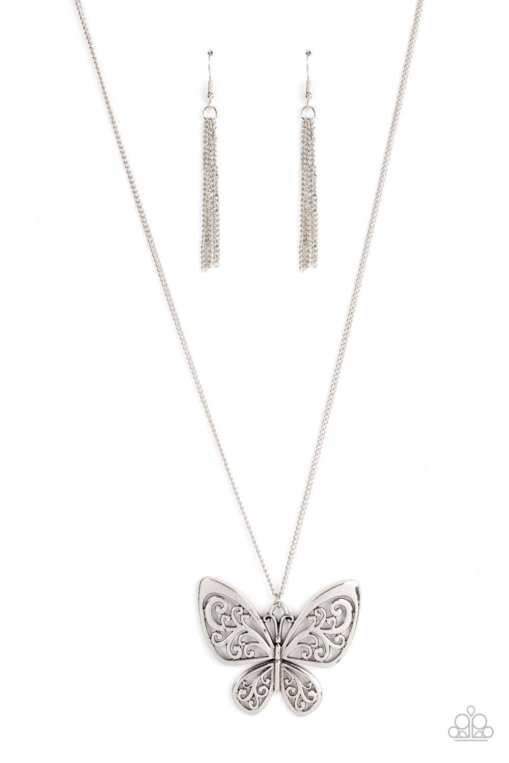 Butterfly Boutique Silver Necklace - Paparazzi Accessories- lightbox - CarasShop.com - Paparazzi Jewelry by Cara Jewels