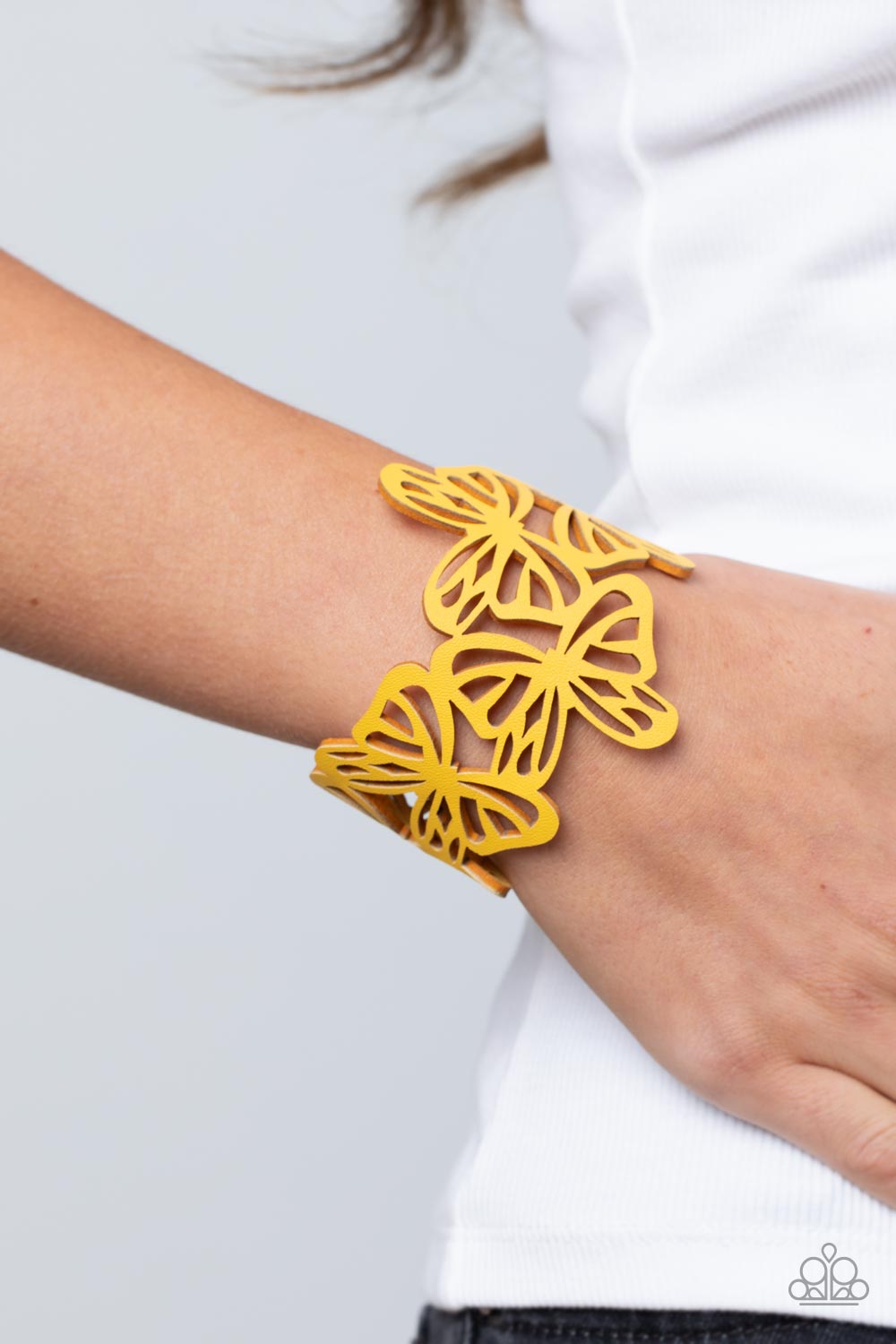 Butterfly Breeze Yellow Wrap Bracelet - Paparazzi Accessories- lightbox - CarasShop.com - Paparazzi Jewelry by Cara Jewels